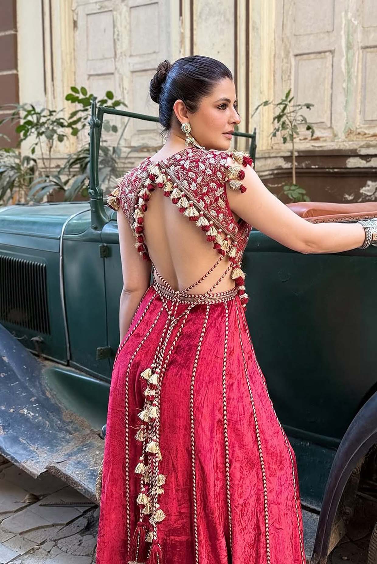 Benazir Dark Red Embroidered Velvet Choli With Sharara Pants.
