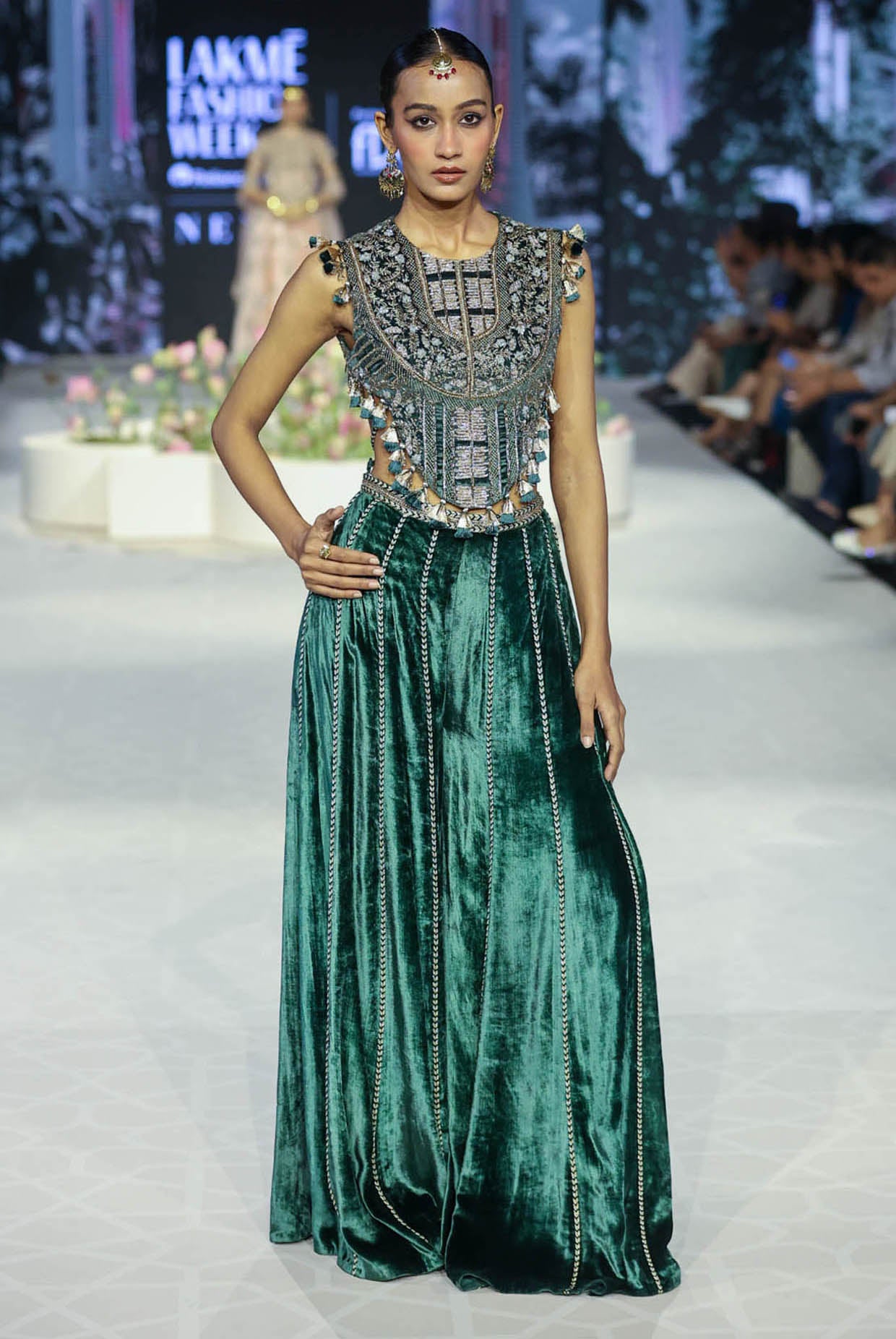 Benazir Emerald Green Embroidered Back Tie-Up Choli And Sharara Pant