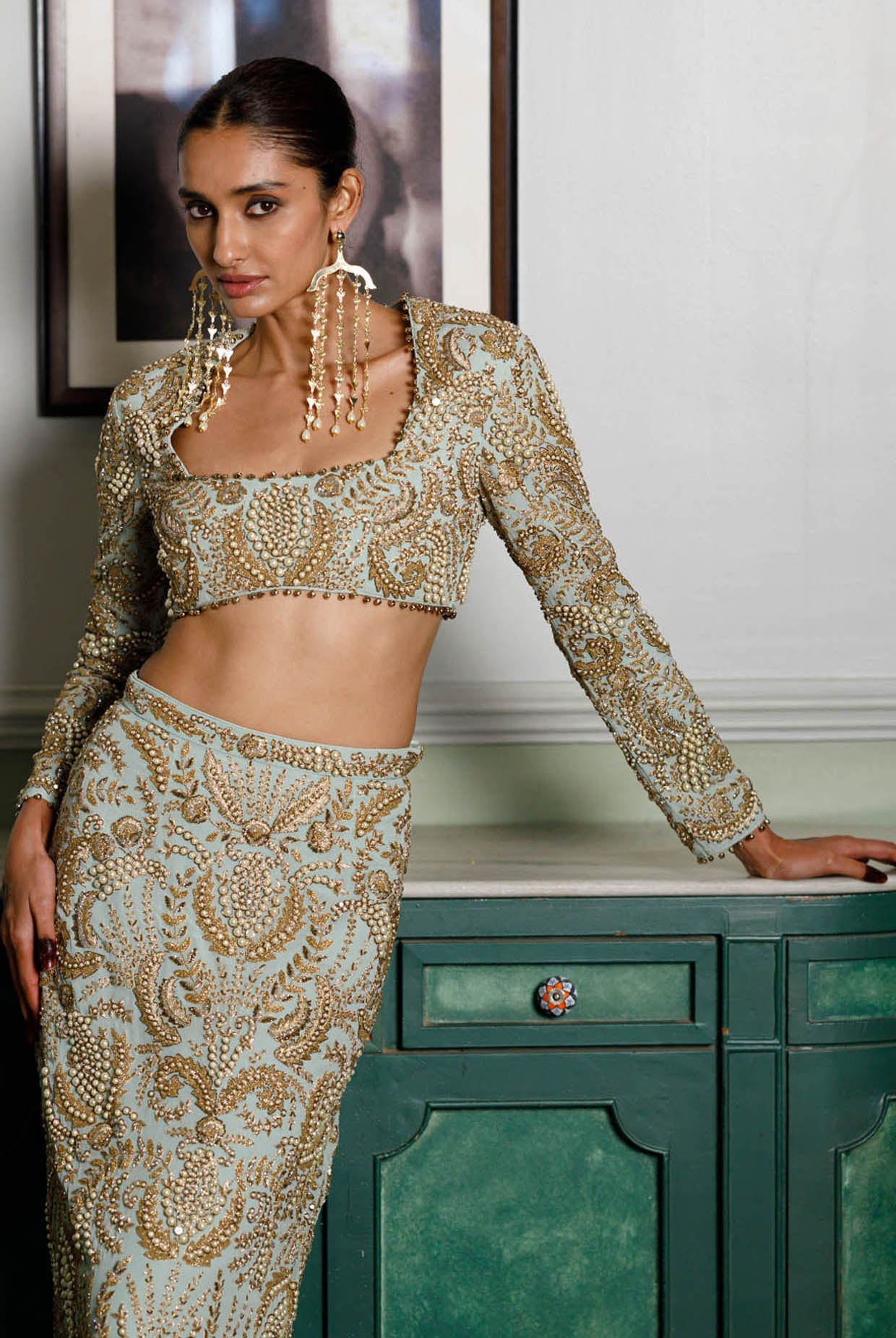 Soha Mint Embroidered Choli And Skirt