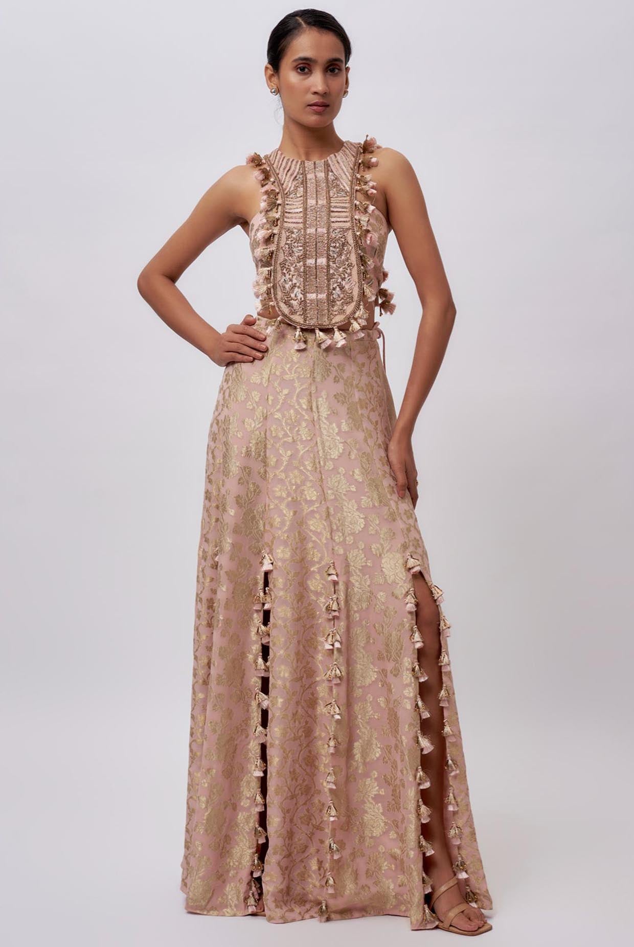 Blush Pink Velvet Embroidered Yoke Bib With Brocade Silk Bustier And Skirt.