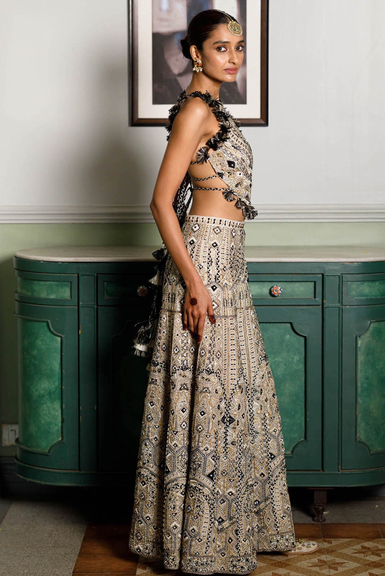 Off White Embroidered Back Tie-Up Choli And Sharara