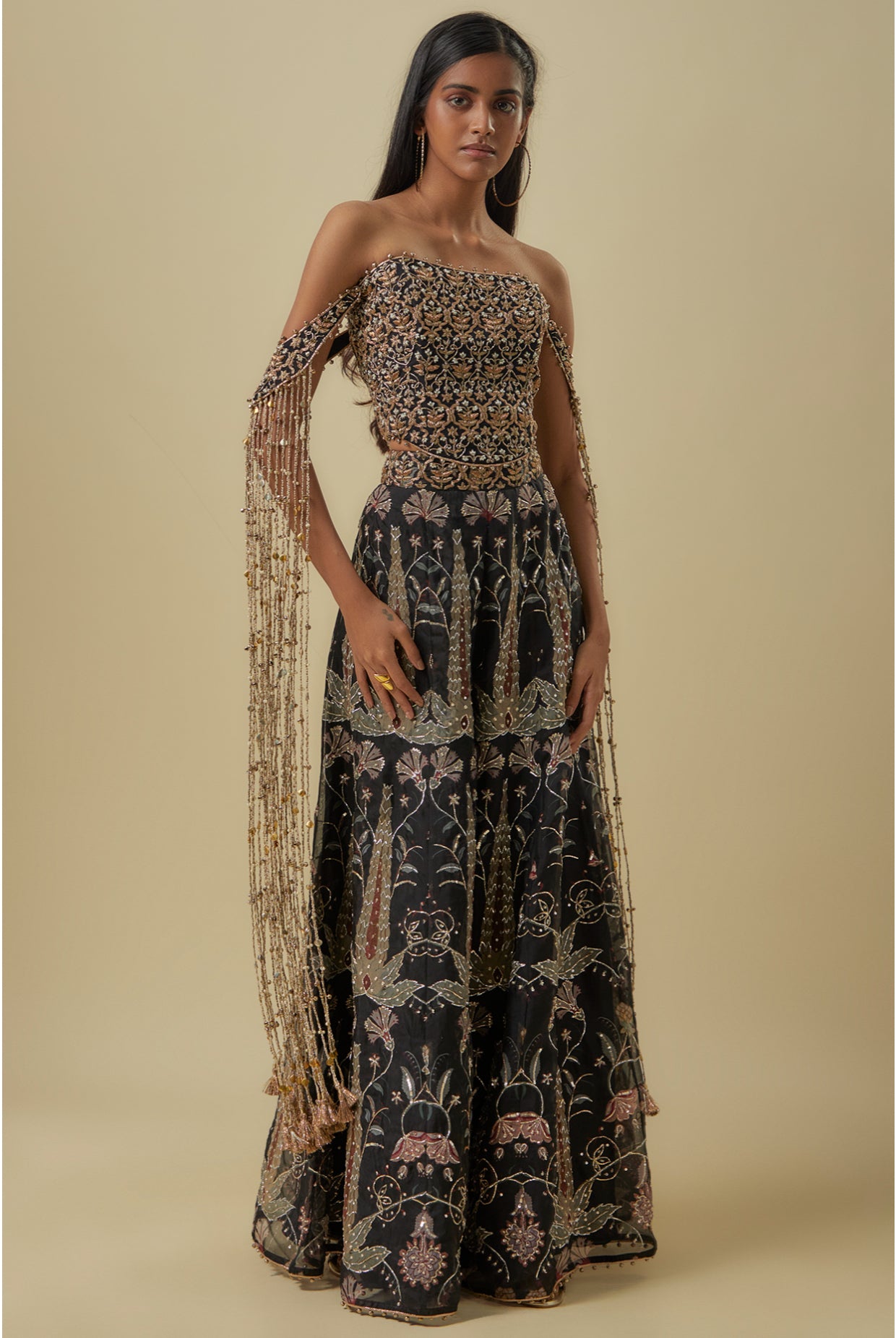 Black Georgette Embroidered Off-Shoulder Corset With Black Forest Whisper Print Organza Lifted Sharara.