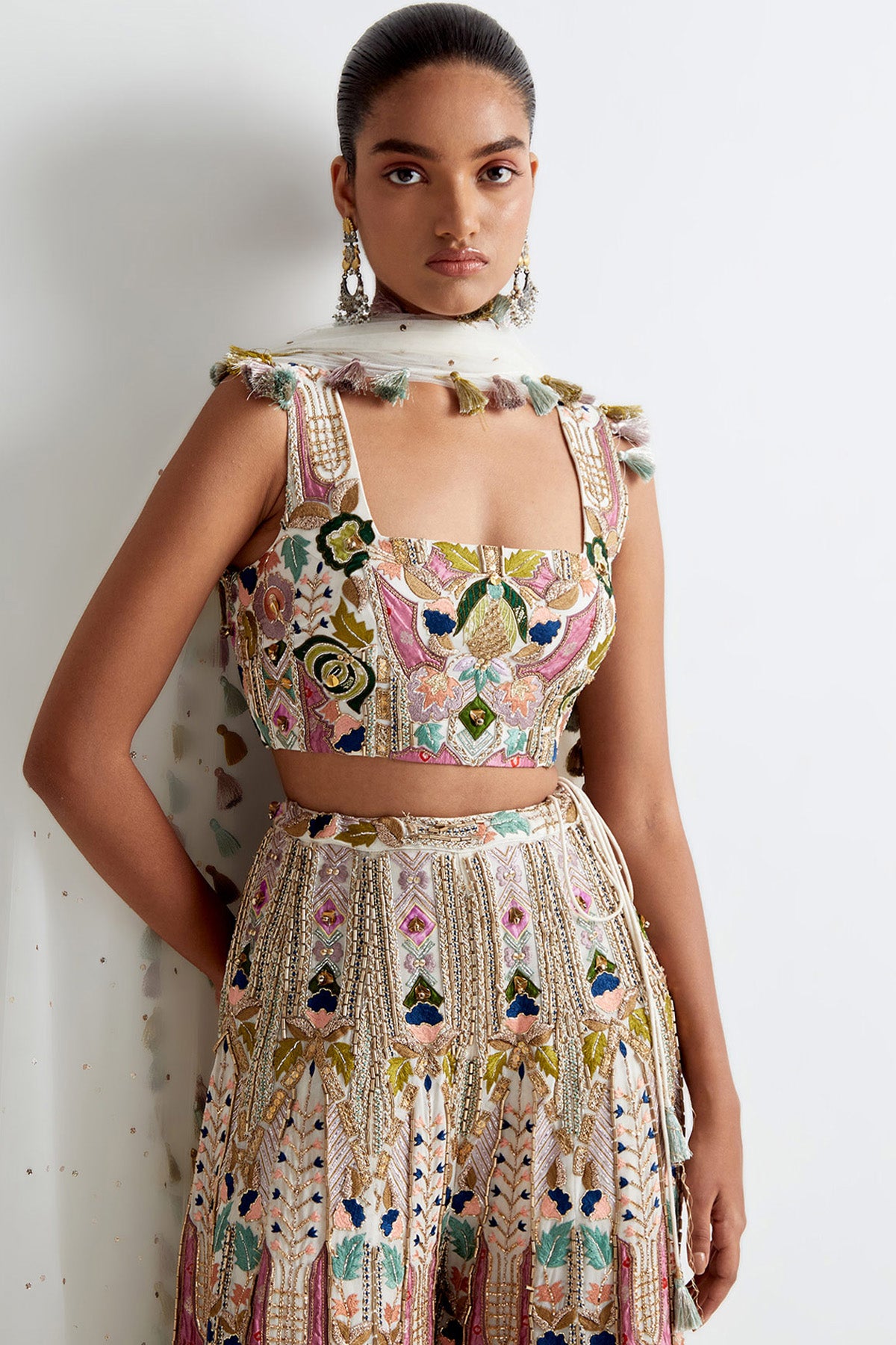Offwhite Georgette Embroidered Choli And Sharara With Mukaish Net Dupatta