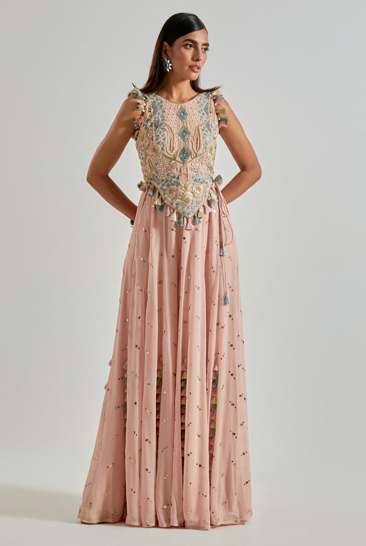 Peachy Pink Choli with Covered Back & Georgette Sharara