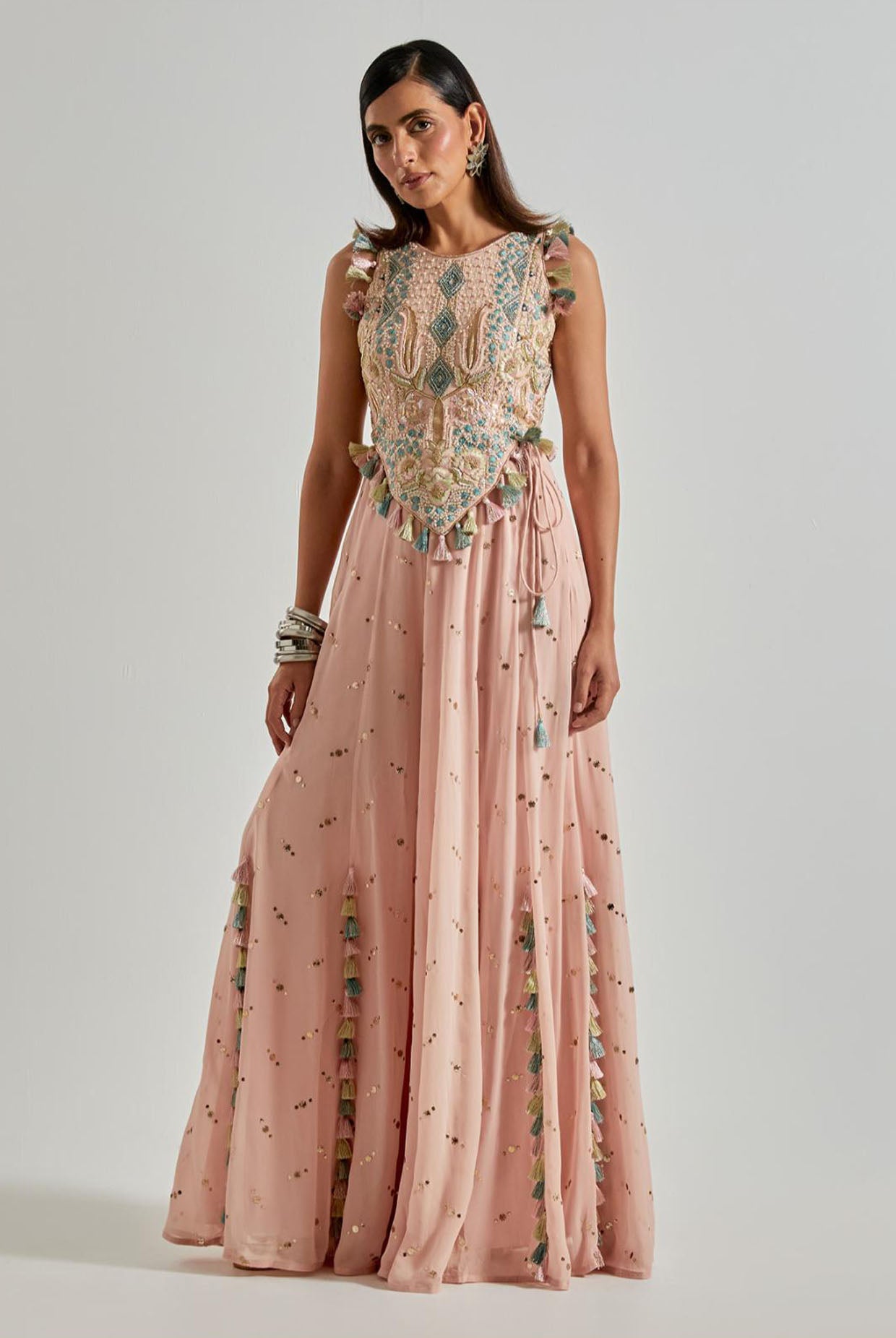 Peachy Pink Choli with Covered Back & Georgette Sharara