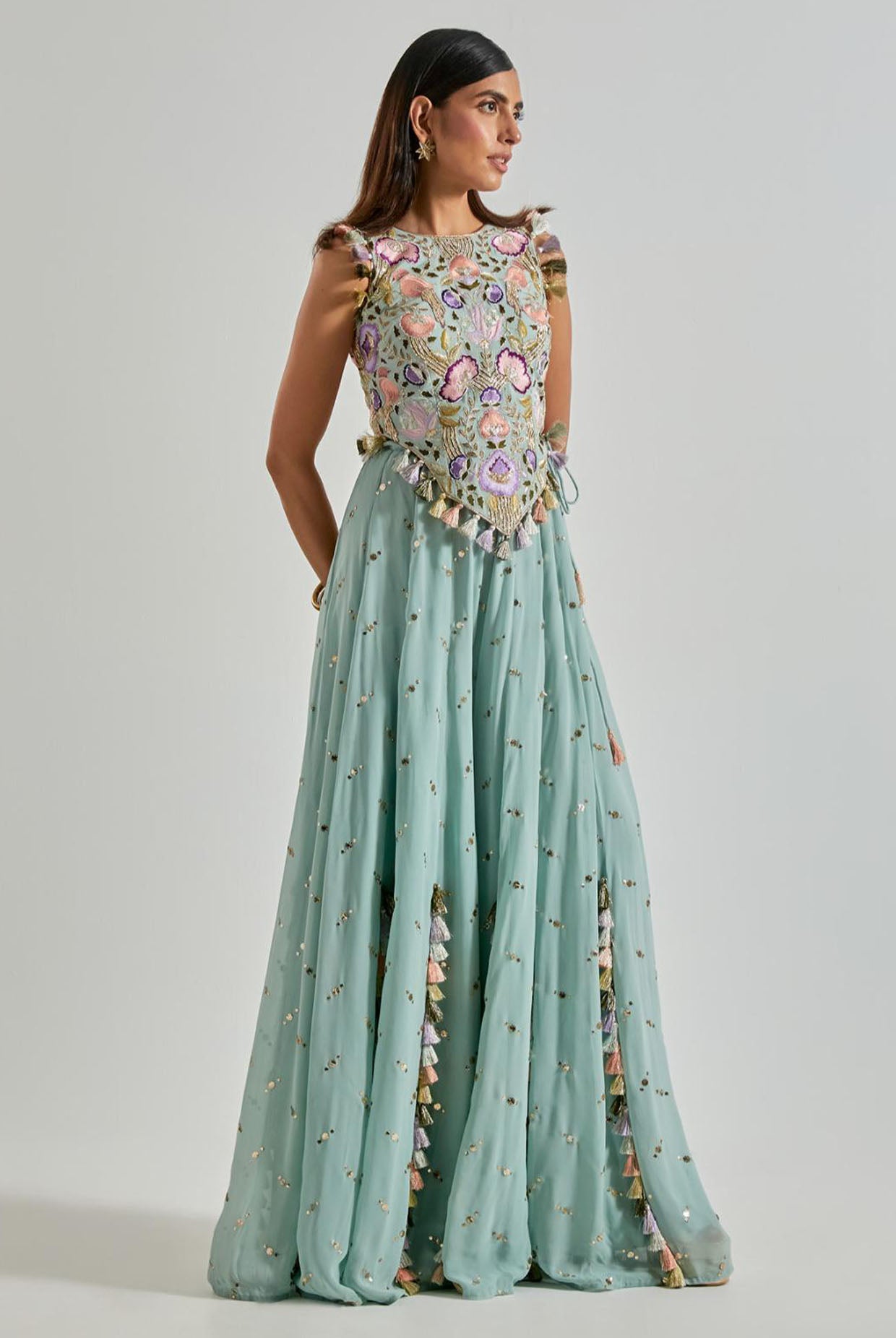 Seafoam Choli with Covered Back & Georgette Sharara