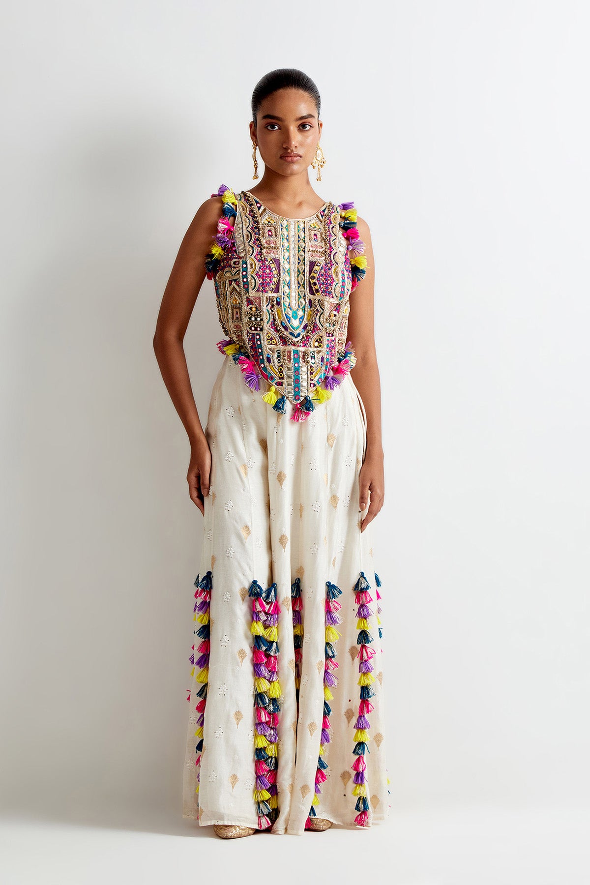 Off-White Georgette Embroidered Choli And Banarasi Silkmul Sharara