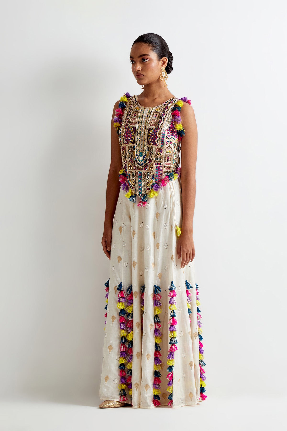 Off-White Georgette Embroidered Choli And Banarasi Silkmul Sharara