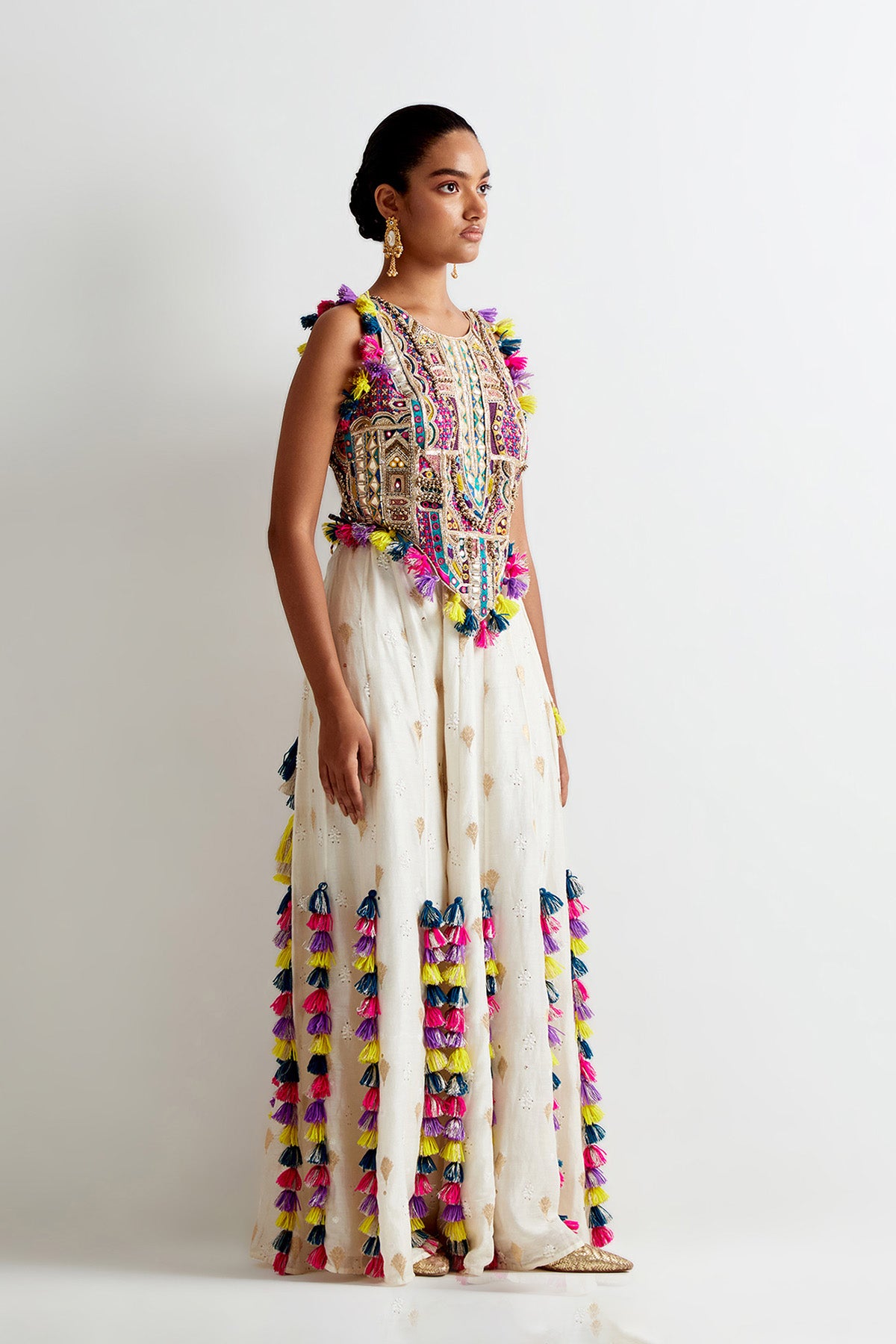 Off-White Georgette Embroidered Choli And Banarasi Silkmul Sharara