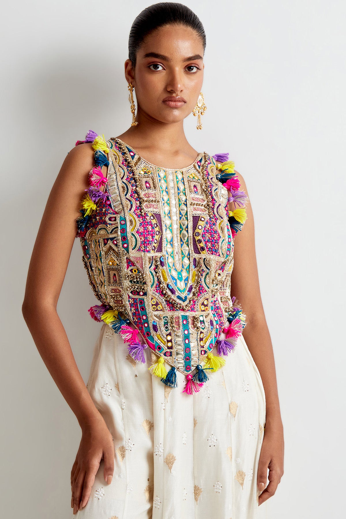 Off-White Georgette Embroidered Choli And Banarasi Silkmul Sharara