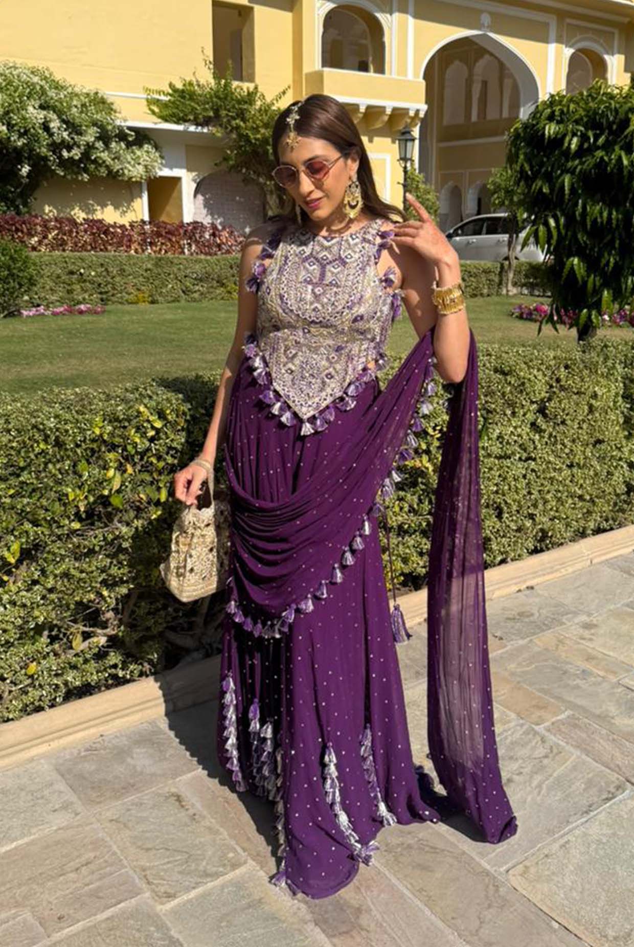 Purple Georgette Embroidered Choli And Sharara With Attached Pallu