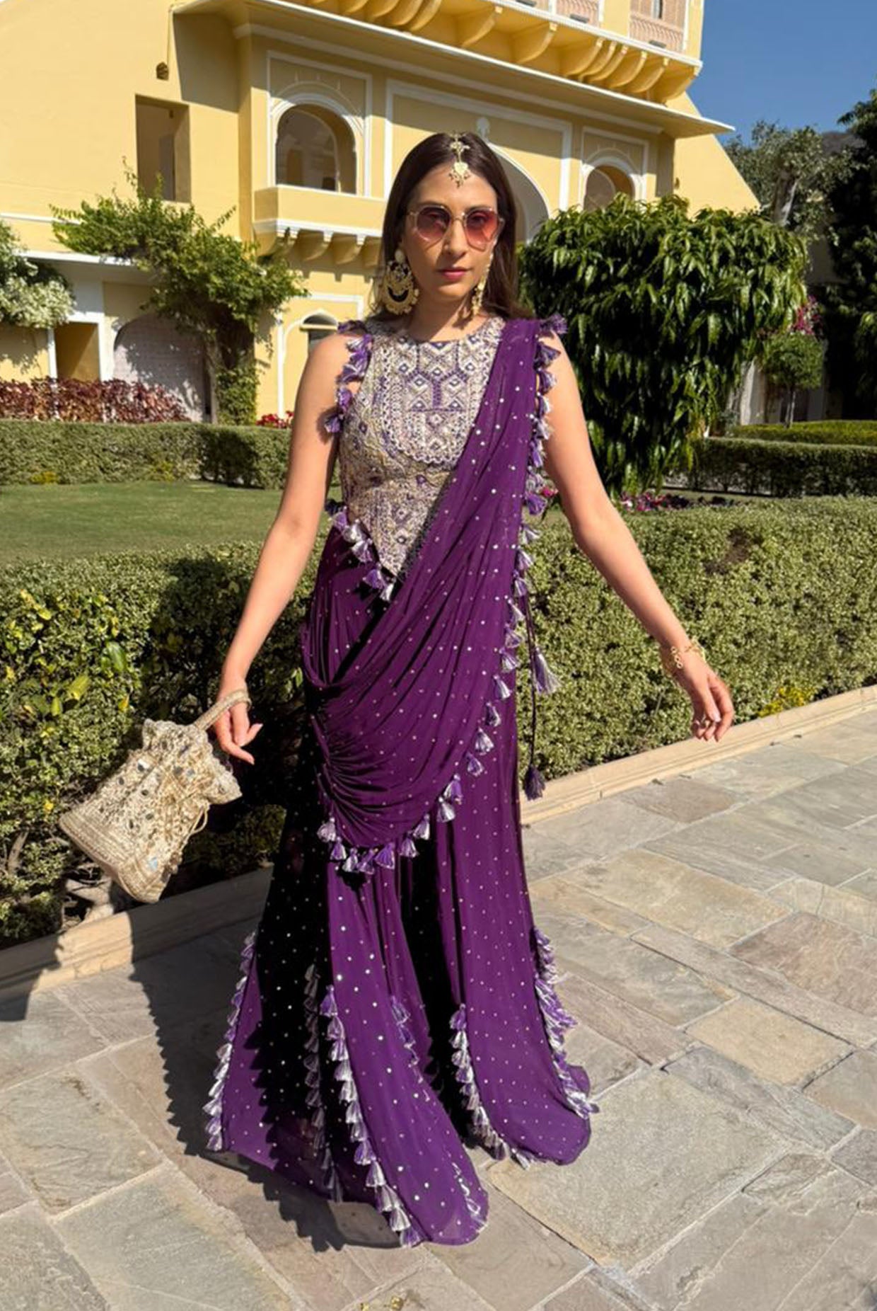 Purple Georgette Embroidered Choli And Sharara With Attached Pallu