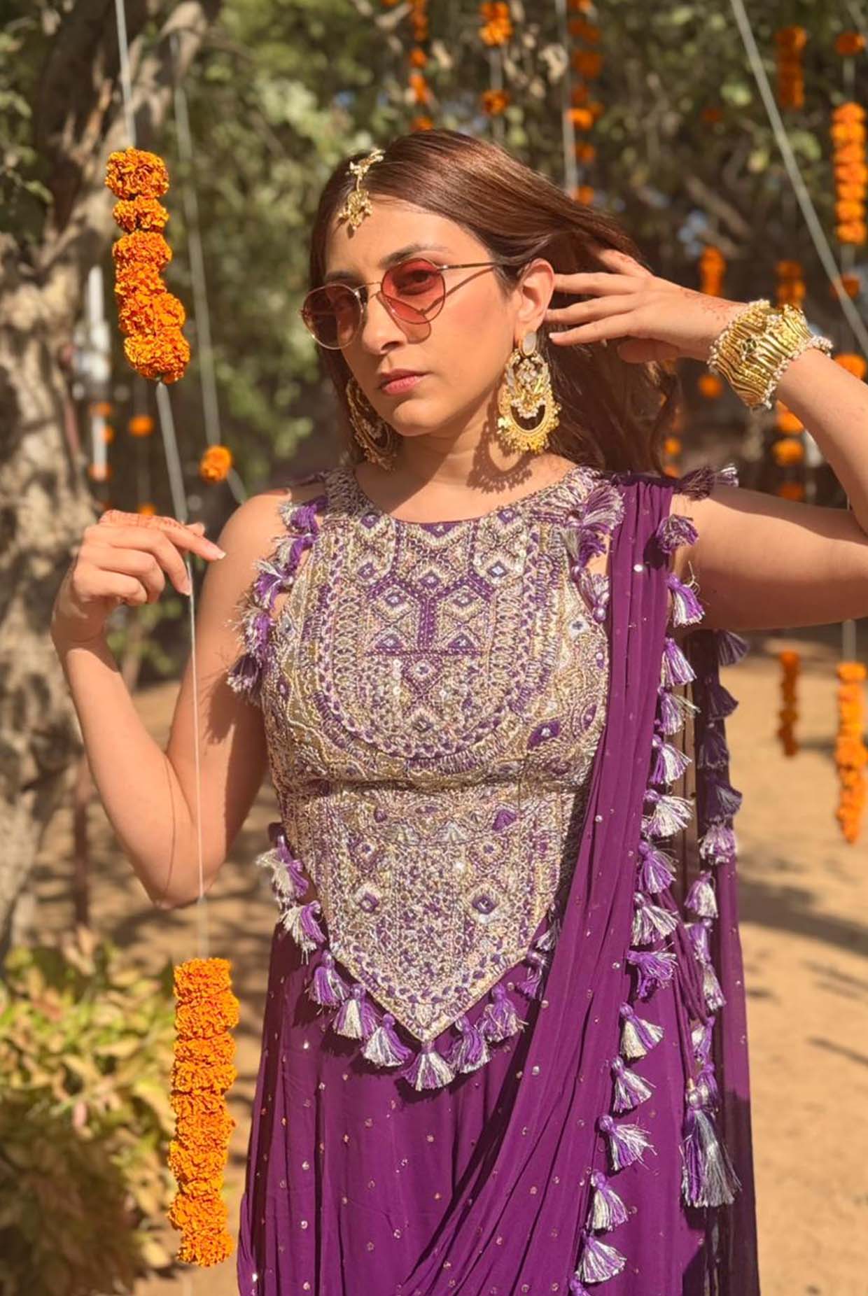 Purple Georgette Embroidered Choli And Sharara With Attached Pallu