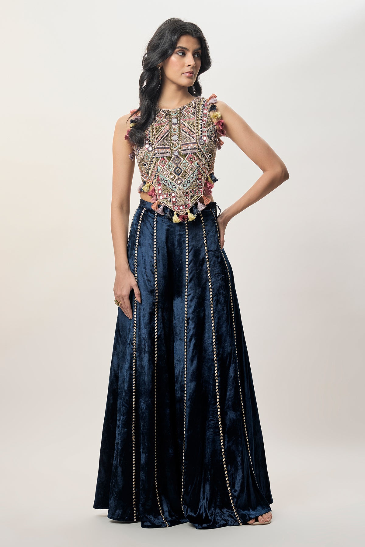 Yasmin Navy Blue Georgette Half Back Covered Embroidered Choli And Velvet Sharara