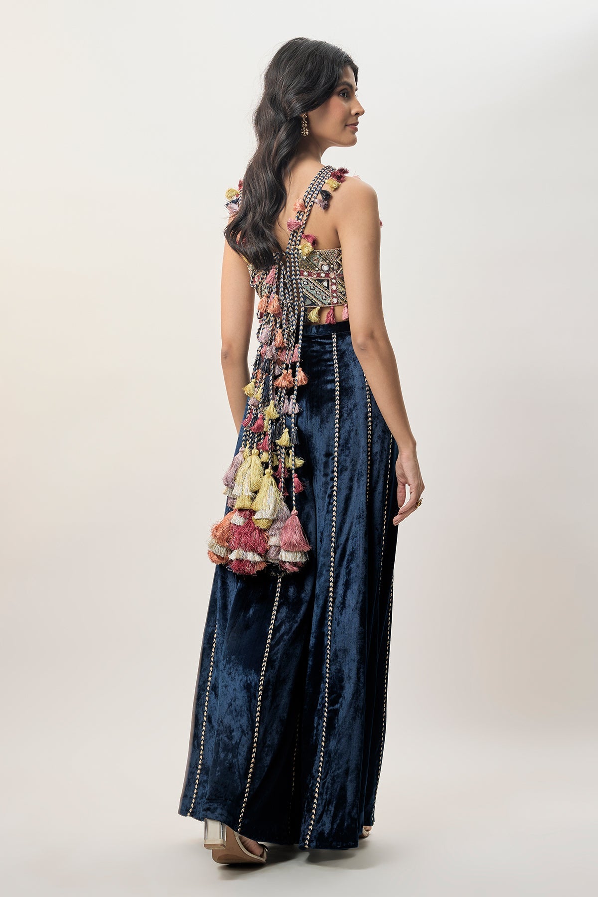 Yasmin Navy Blue Georgette Half Back Covered Embroidered Choli And Velvet Sharara