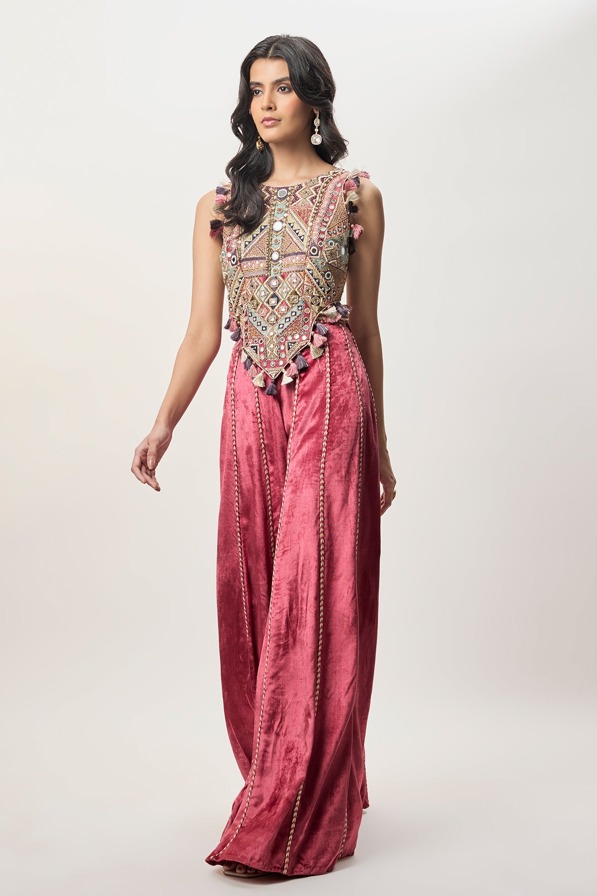 Yasmin Cranberry Georgette Embroidered Choli & Velvet Sharara