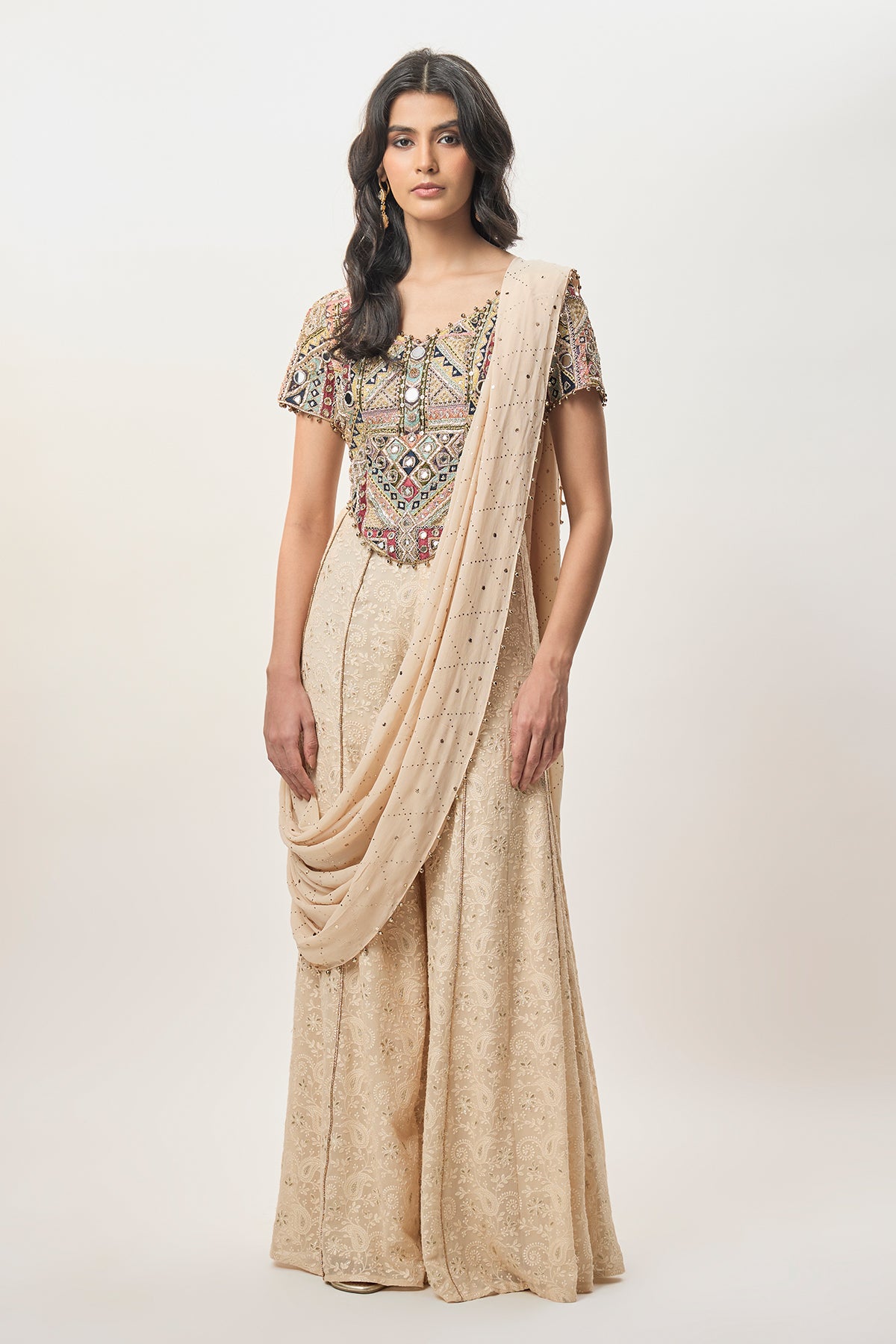 Hooria Stone Georgette Embroidered Choli And Lucknowi Sharara With Attached Pallu