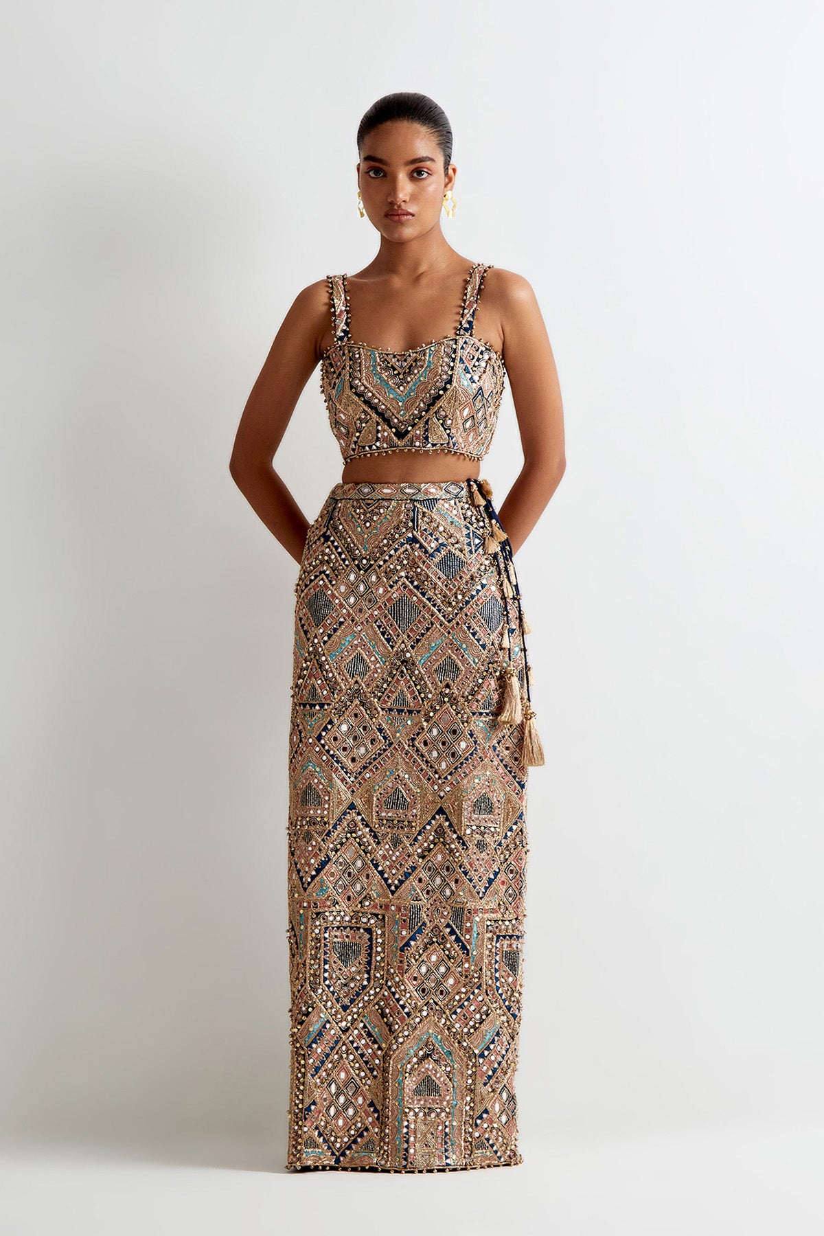 Navy Blue Georgette Embroidered Choli And Straight Fit Skirt