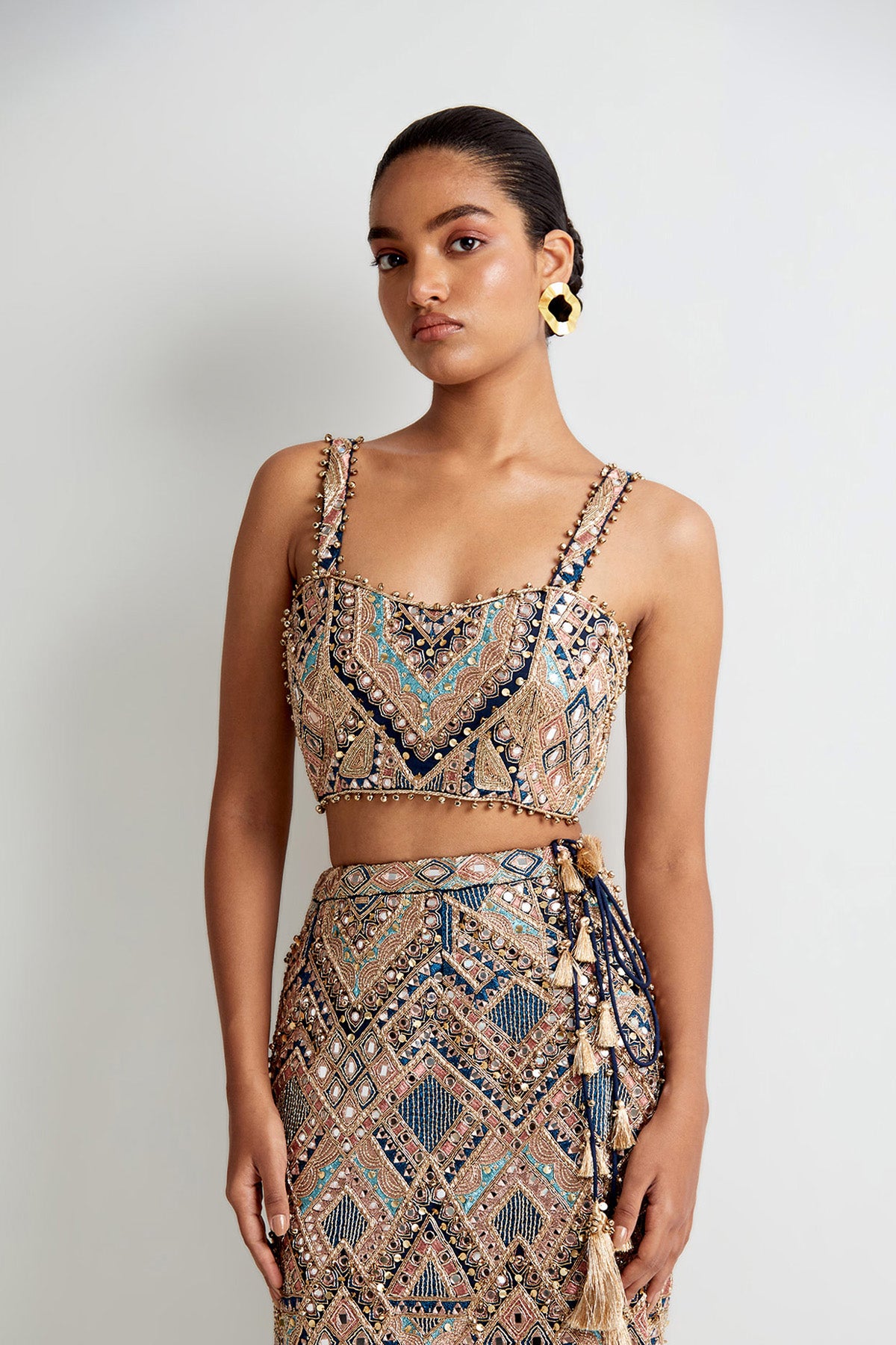 Navy Blue Georgette Embroidered Choli And Straight Fit Skirt