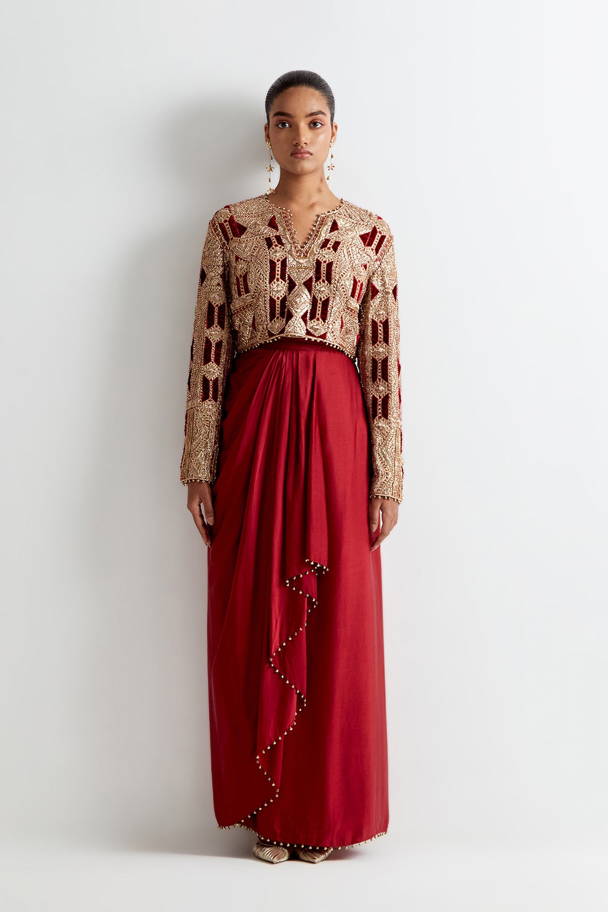 Maroon Georgette Embroidered Choli And Satin Lungi Skirt