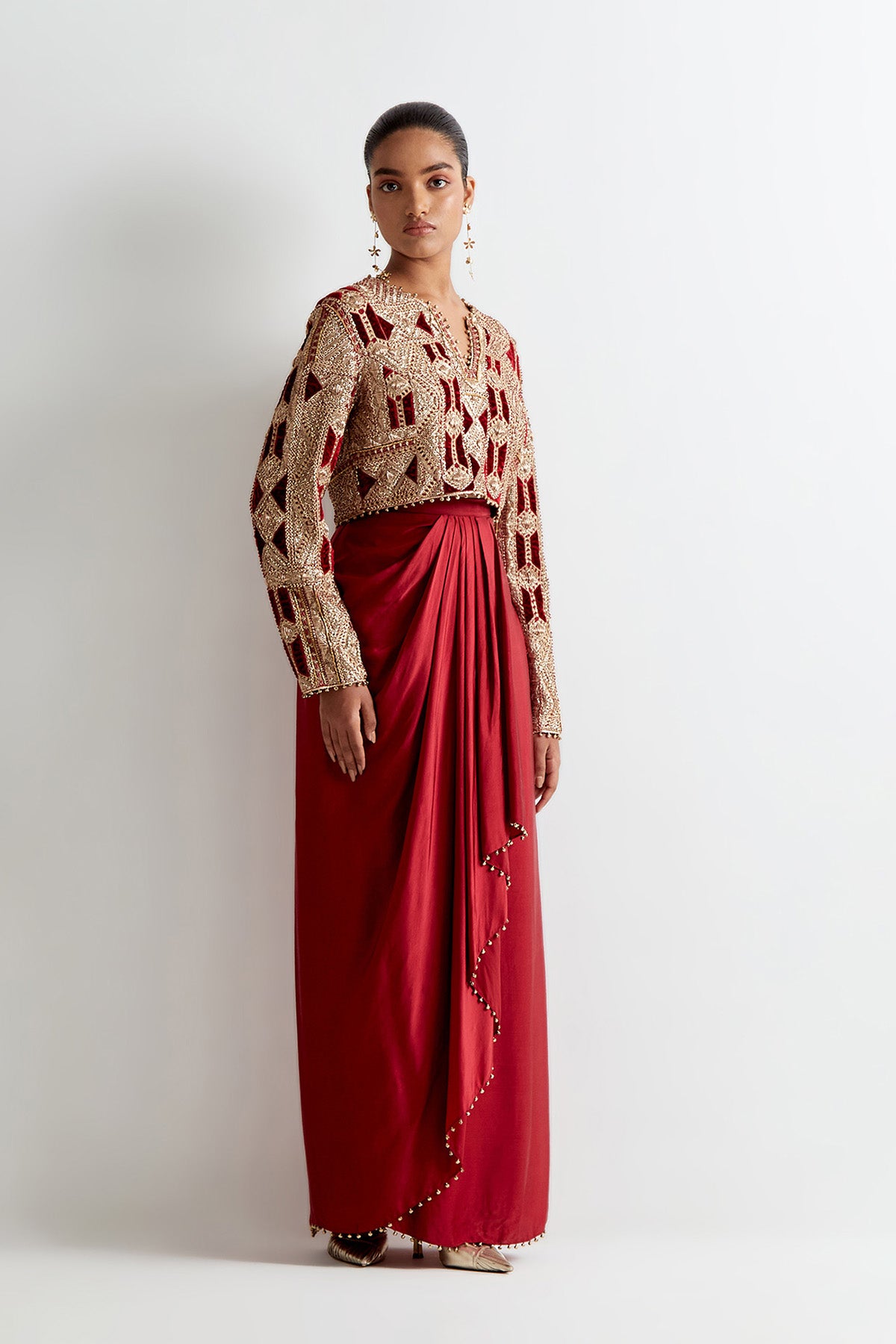 Maroon Georgette Embroidered Choli And Satin Lungi Skirt