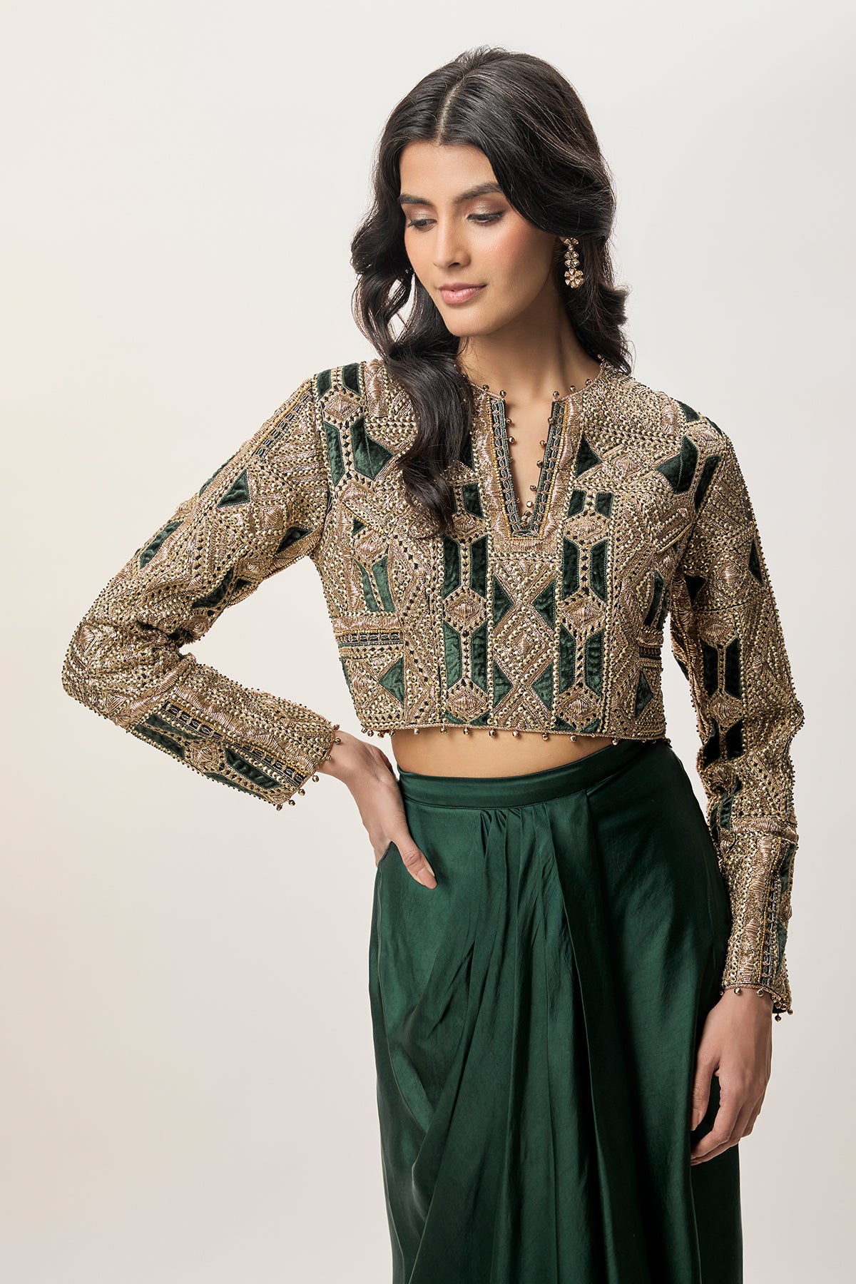 Sia Emerald Green Georgette Embroidered Choli And Modal Satin Dhoti Skirt