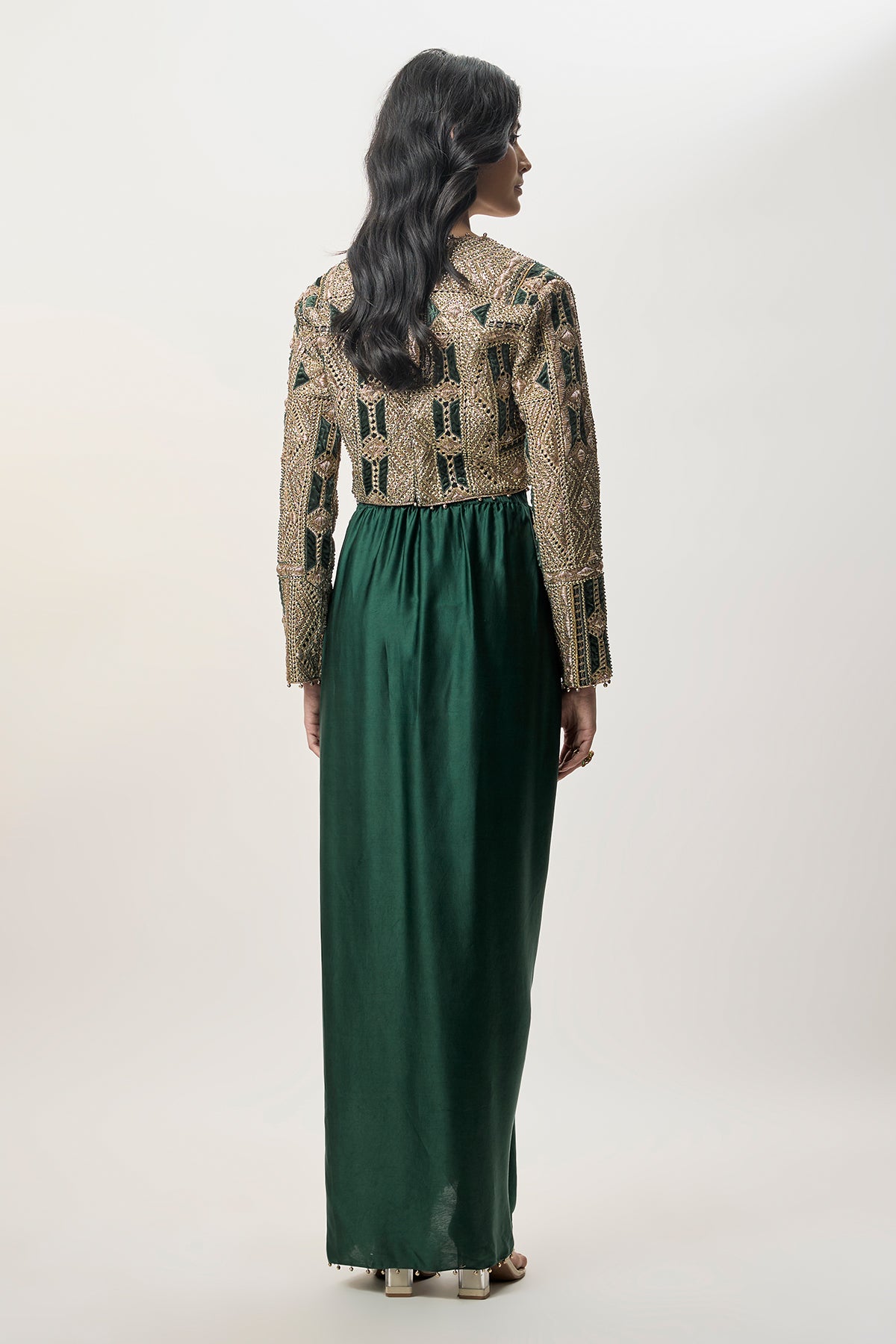 Sia Emerald Green Georgette Embroidered Choli And Modal Satin Dhoti Skirt