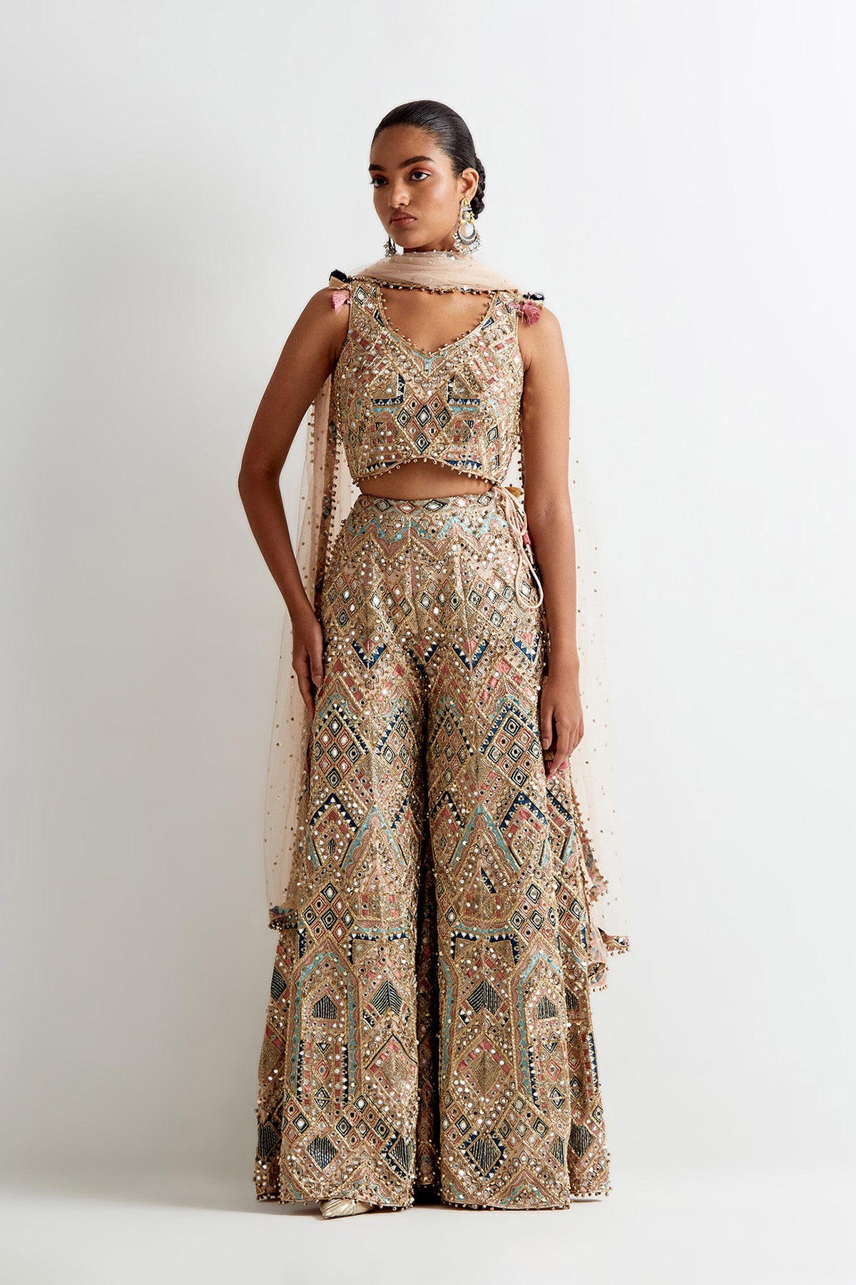 Stone Georgette Embroidered Choli And Sharara With Mukaish Net Embroidered Dupatta