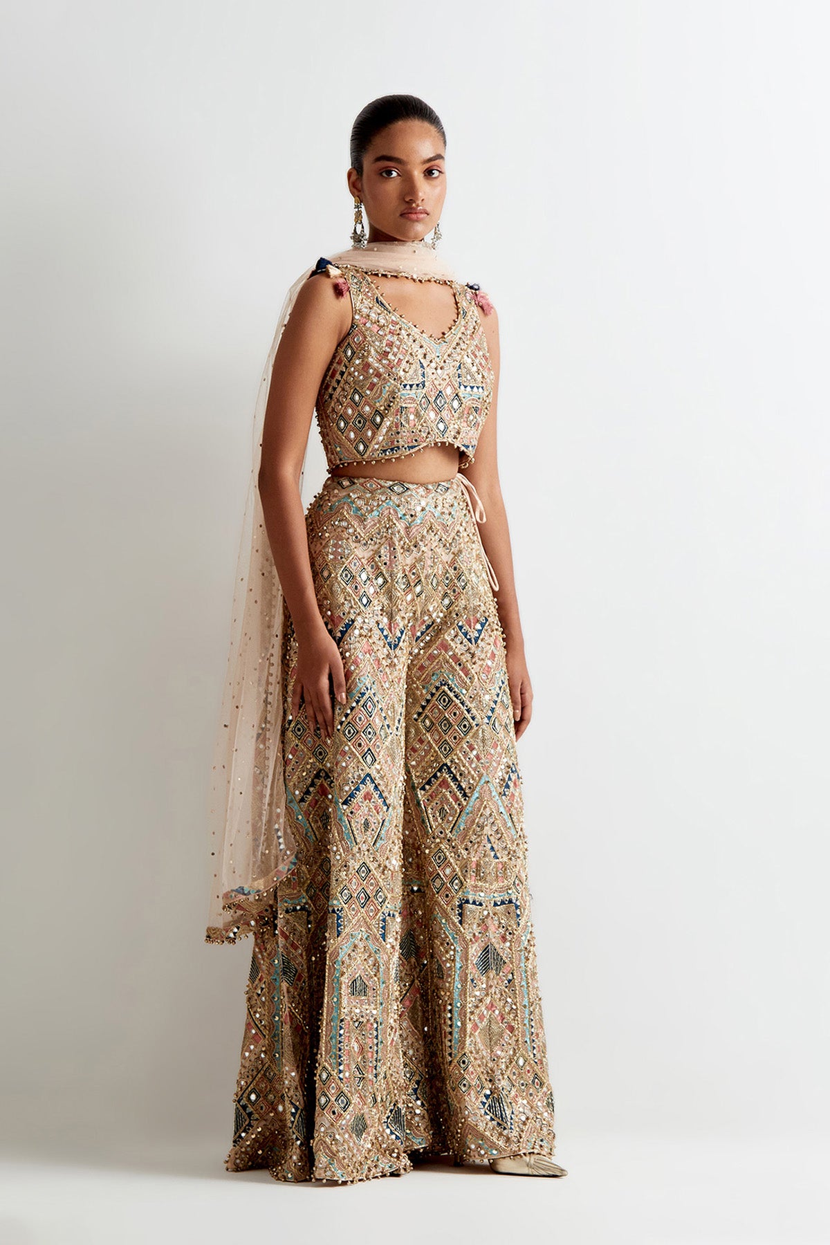 Stone Georgette Embroidered Choli And Sharara With Mukaish Net Embroidered Dupatta