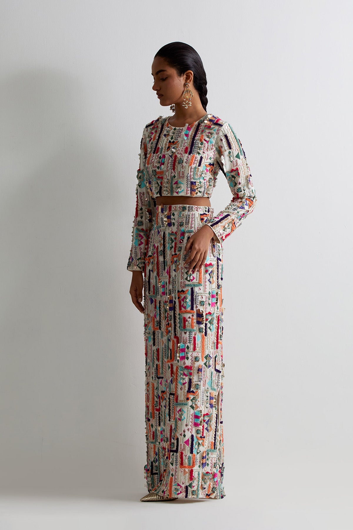 Off White Georgette Embroidered Choli And Skirt