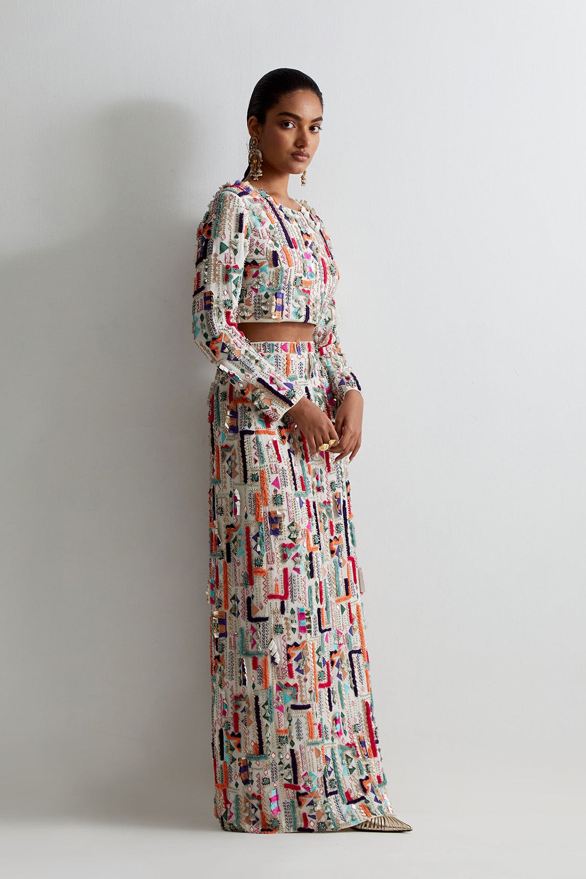 Off White Georgette Embroidered Choli And Skirt
