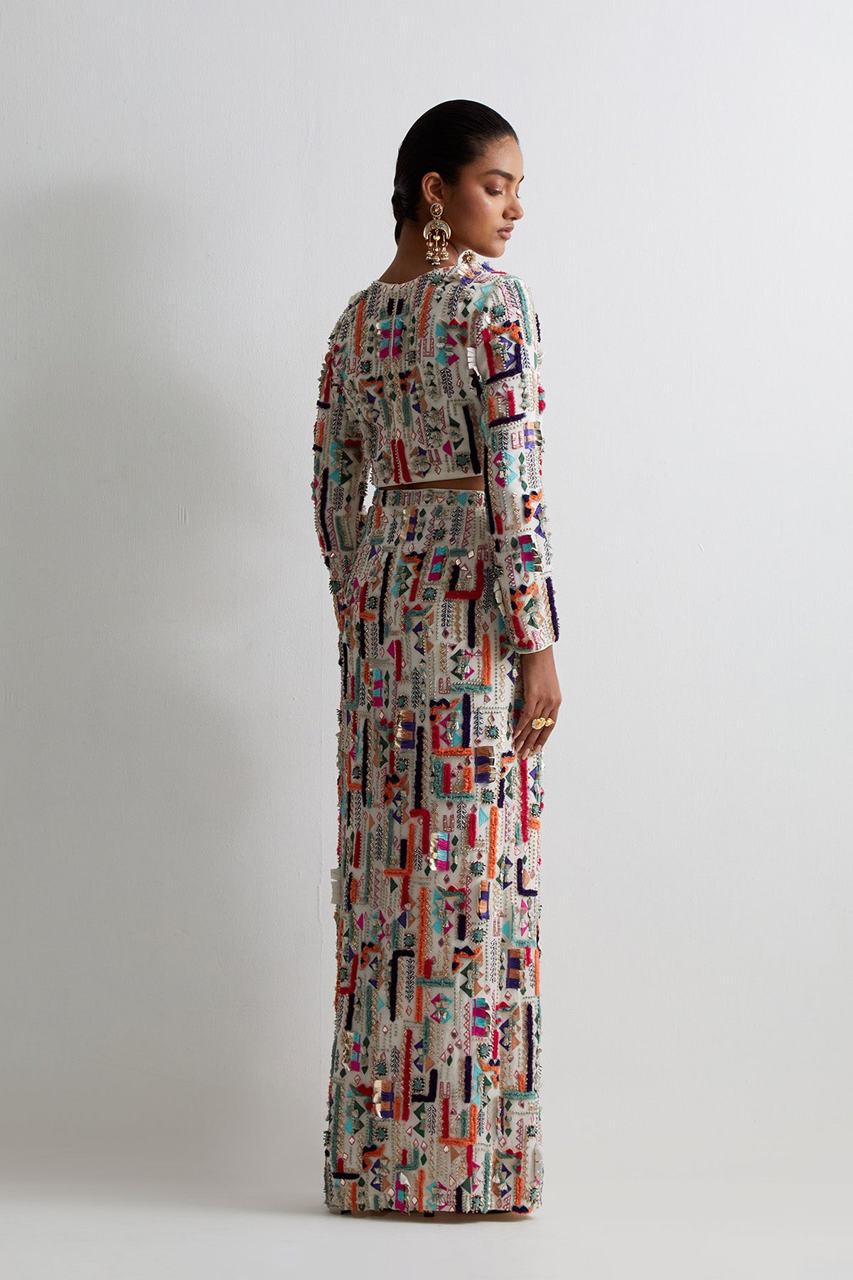 Off White Georgette Embroidered Choli And Skirt