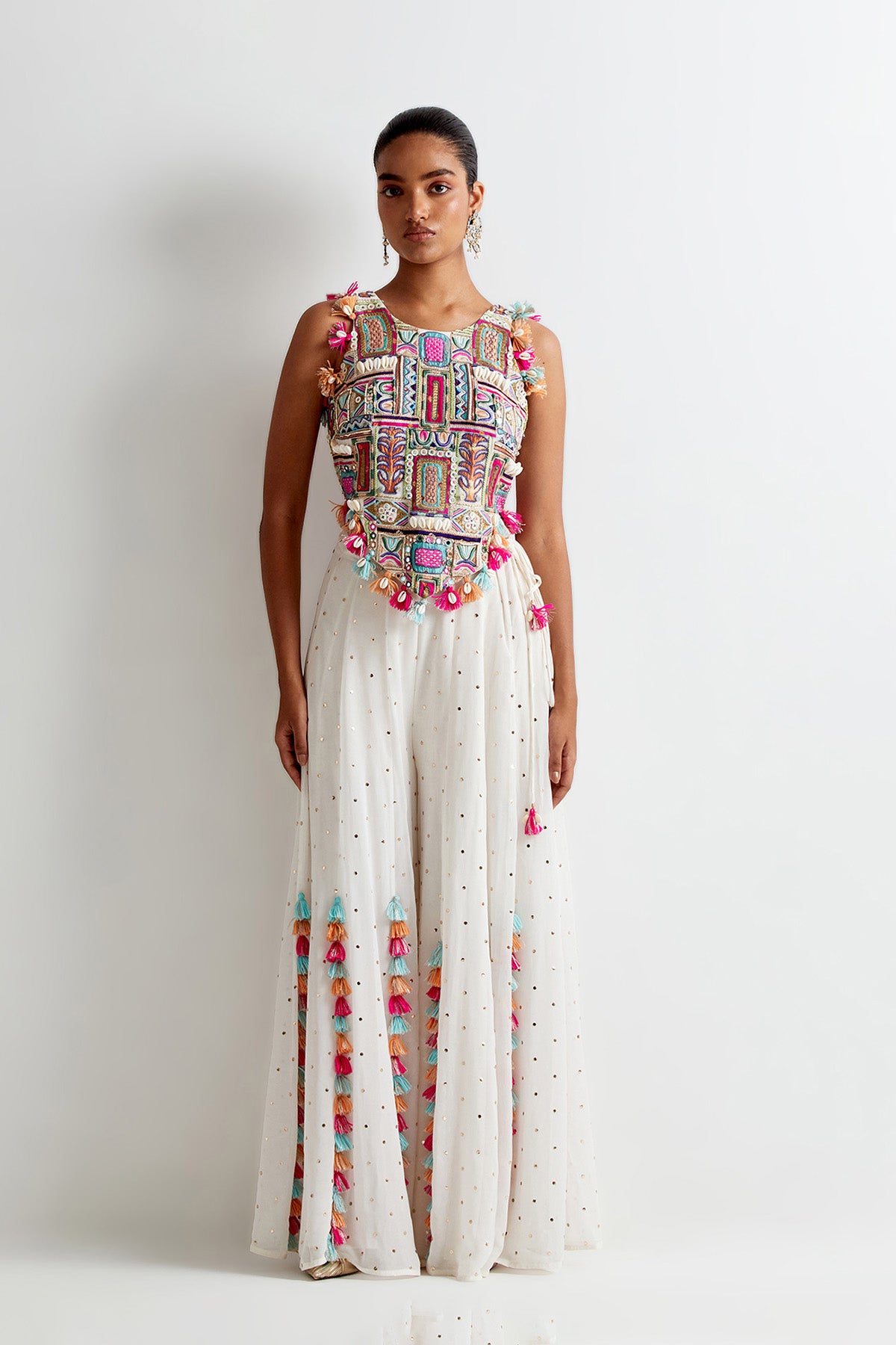 Off-White Georgette Embroidered Half Back Covered Choli And Mukaish Georgette Sharara