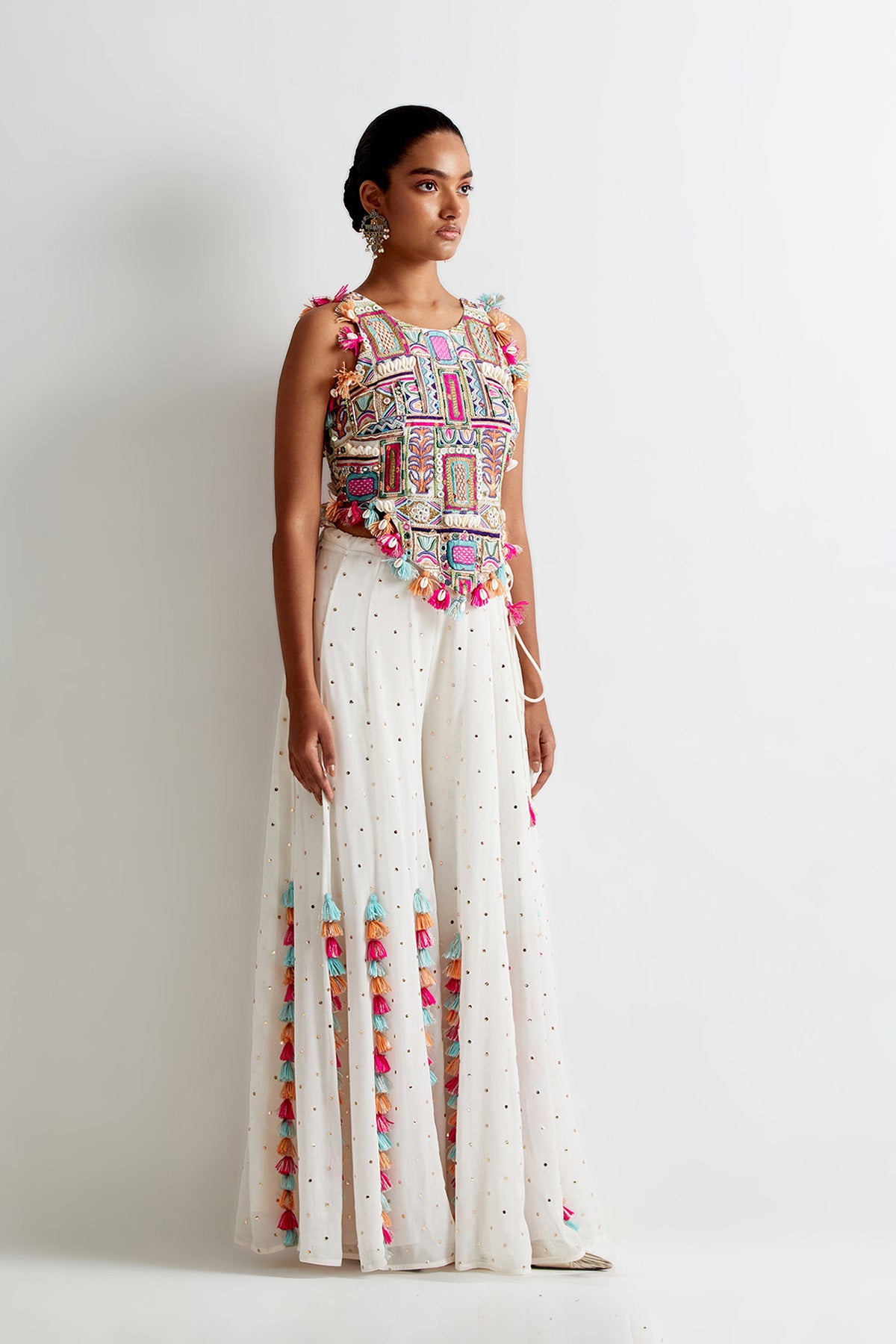 Off-White Georgette Embroidered Half Back Covered Choli And Mukaish Georgette Sharara