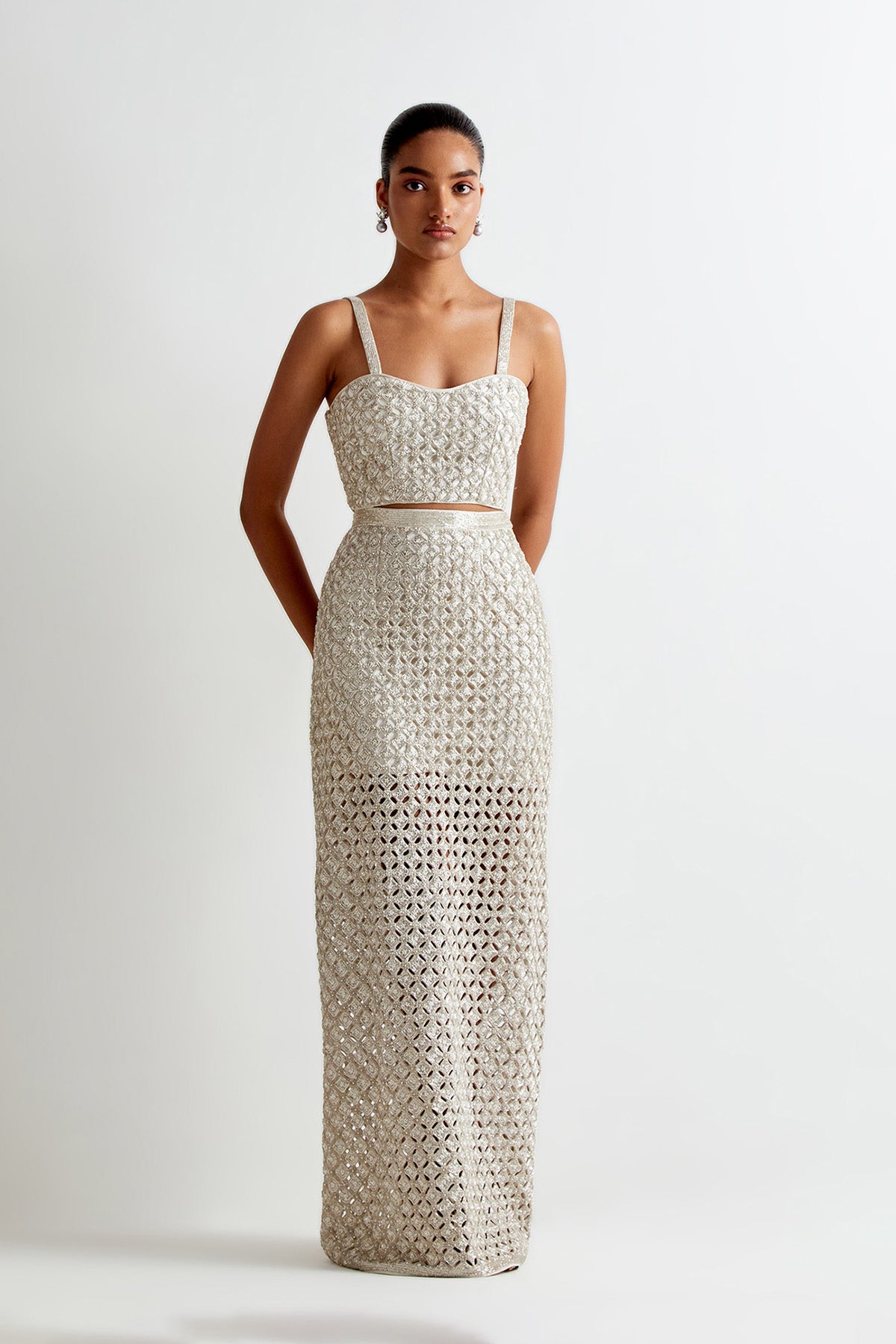 Off-White Georgette Cut Work Embroidered Choli With Detachable Straps And Straight Fit Skirt With Side Slit