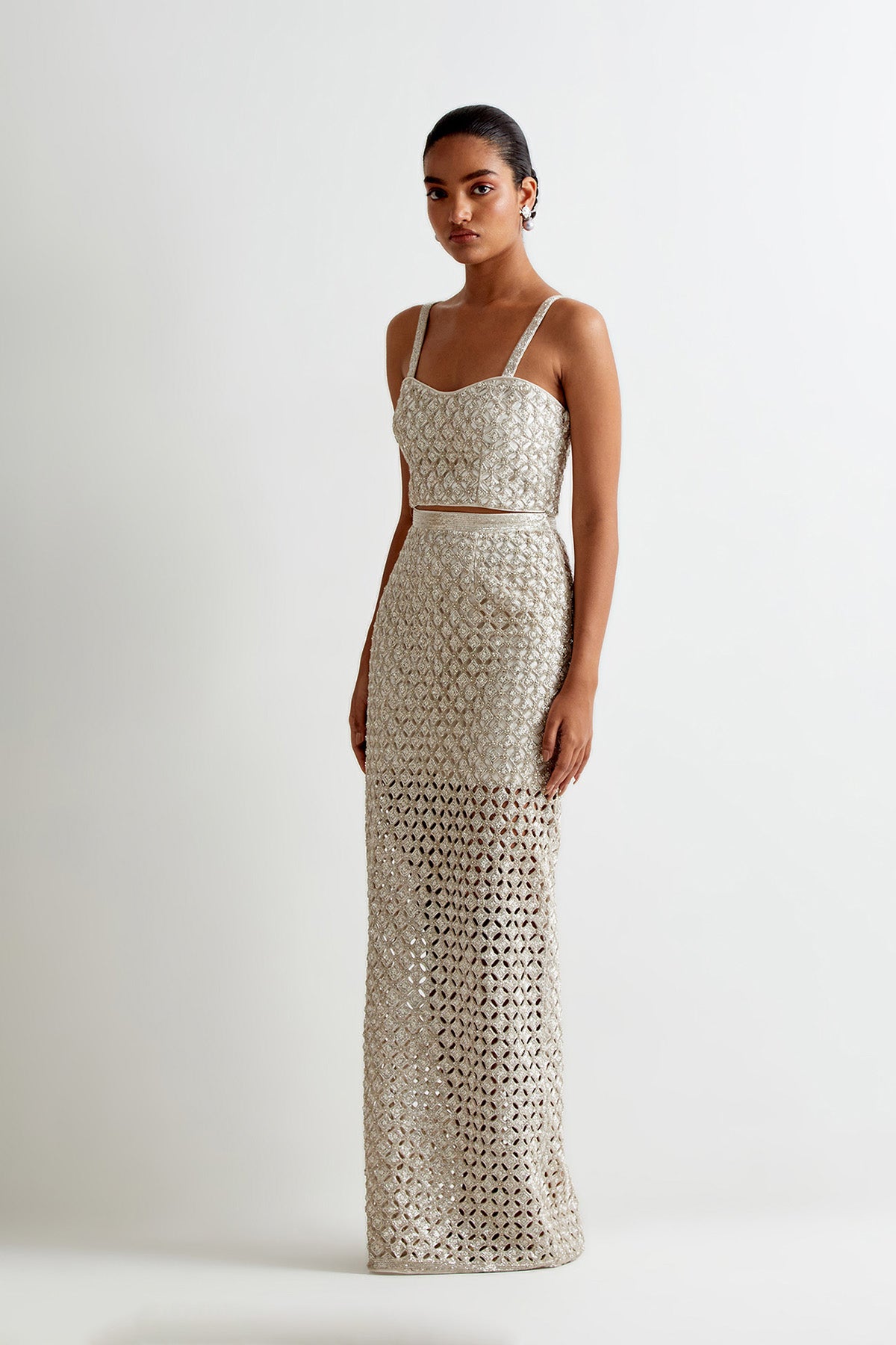 Off-White Georgette Cut Work Embroidered Choli With Detachable Straps And Straight Fit Skirt With Side Slit