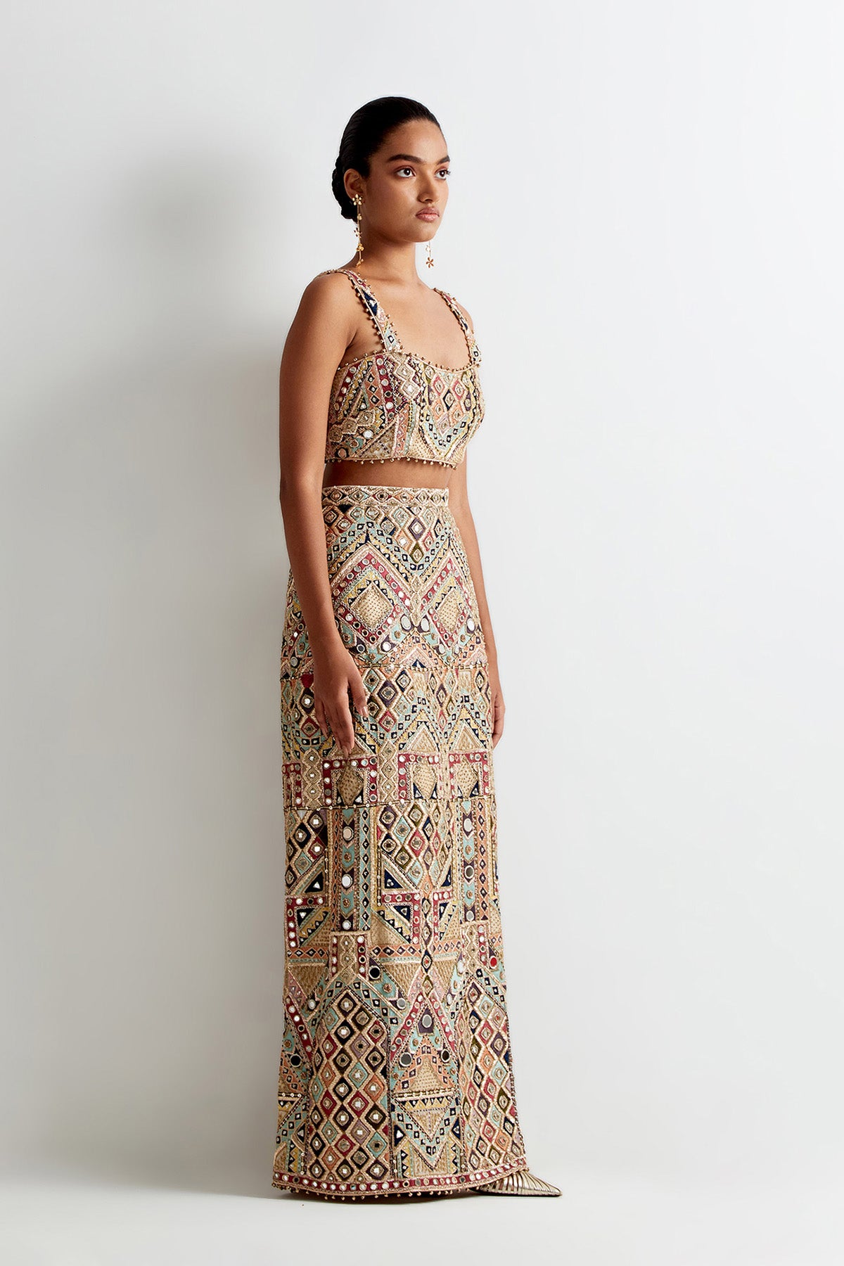 Off-White Georgette Embroidered Choli And Straight Fit Skirt