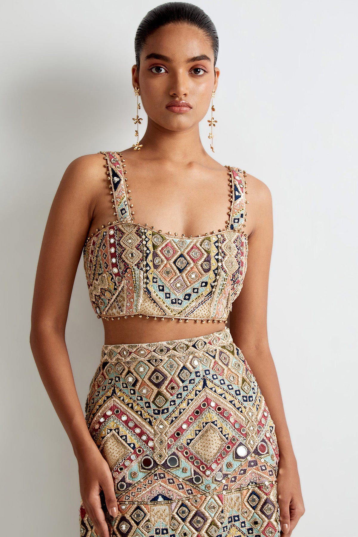 Off-White Georgette Embroidered Choli And Straight Fit Skirt