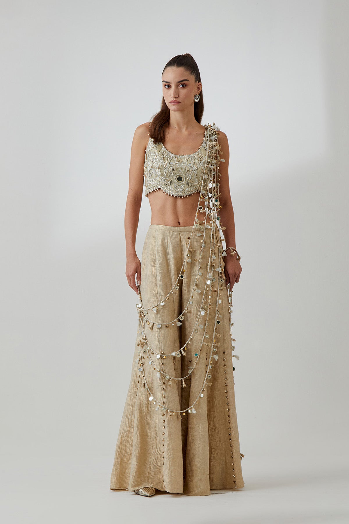 Off-White Organza Embroidered Choli And Gold Crushed Tissue Sharara With Attached Dori Tassels