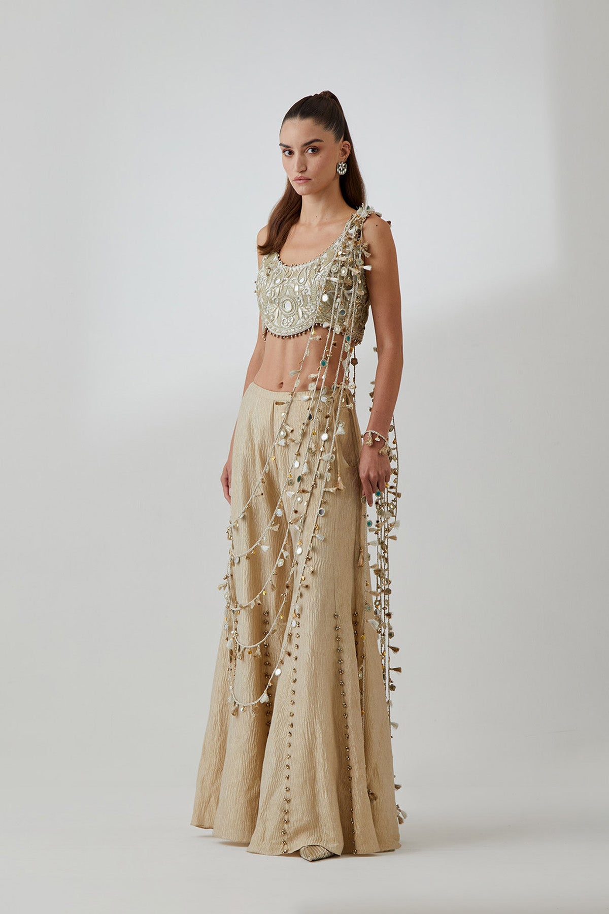 Off-White Organza Embroidered Choli And Gold Crushed Tissue Sharara With Attached Dori Tassels