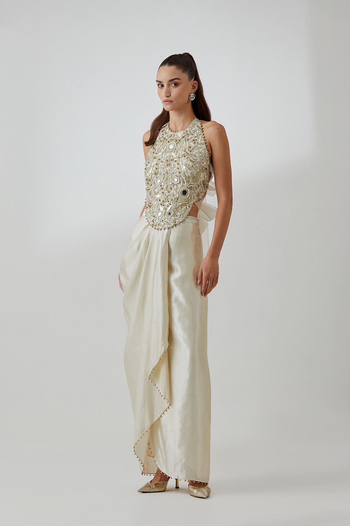 Stone Organza Embroidered Choli With  Tissue Lungi Skirt
