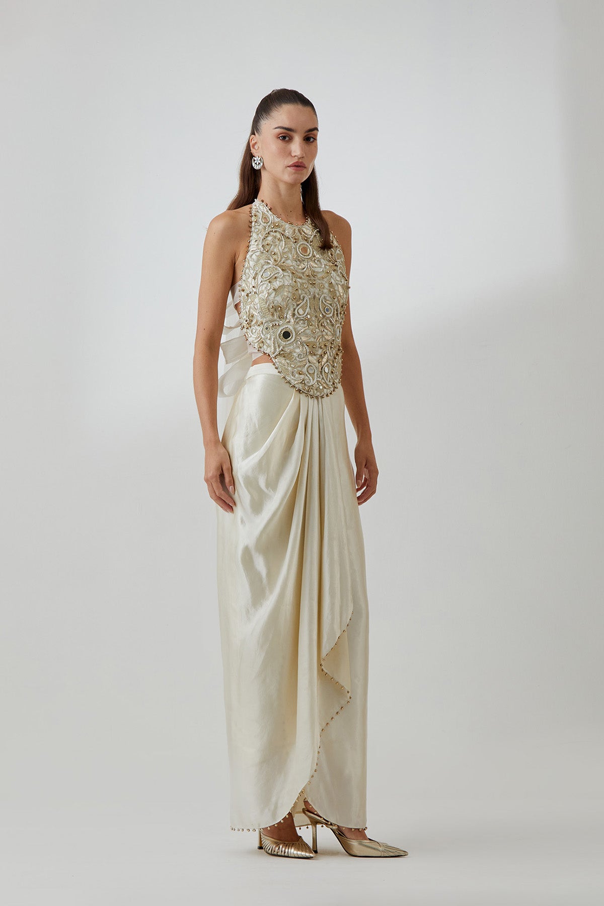 Stone Organza Embroidered Choli With  Tissue Lungi Skirt