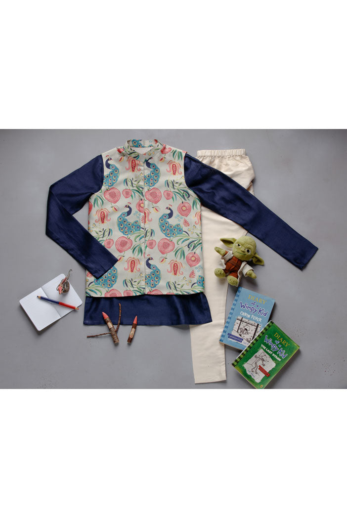 Navy Kurta With Print Khaki Anar Aur Mor Koti Set