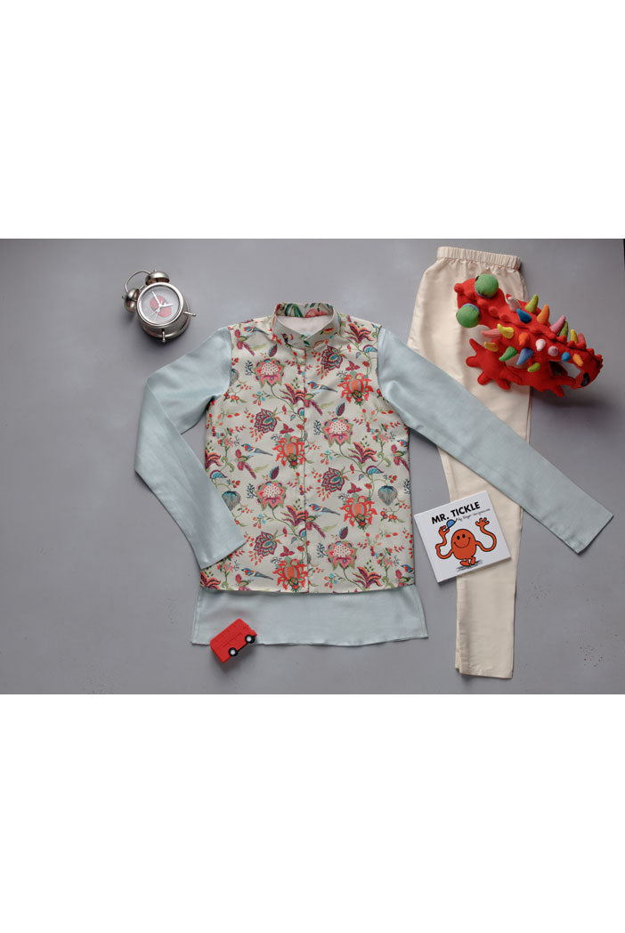 Powder Blue Kurta With Khaki Chidiya Koti Set