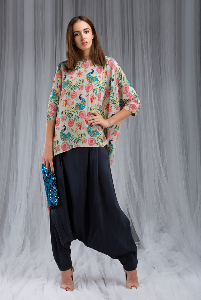 Khaki Anaar aur Mor Print Kaftan Tunic Set