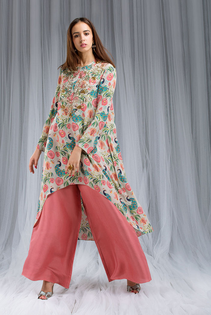 Khaki Anaar aur Mor Print Kurta and Pallazo Set