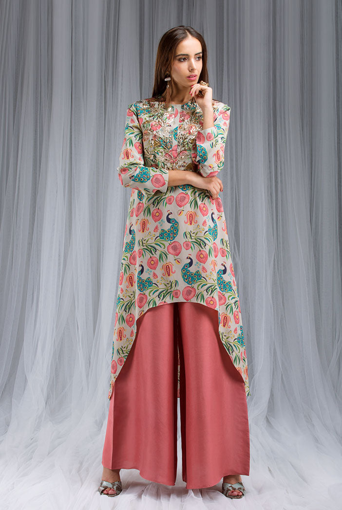 Khaki Anaar aur Mor Print Kurta and Pallazo Set