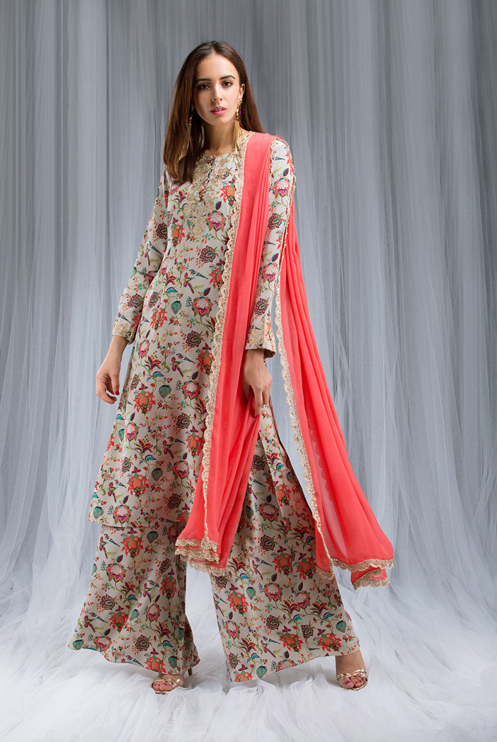 Khaki Chidiya Print Kurta and Pallazo Set