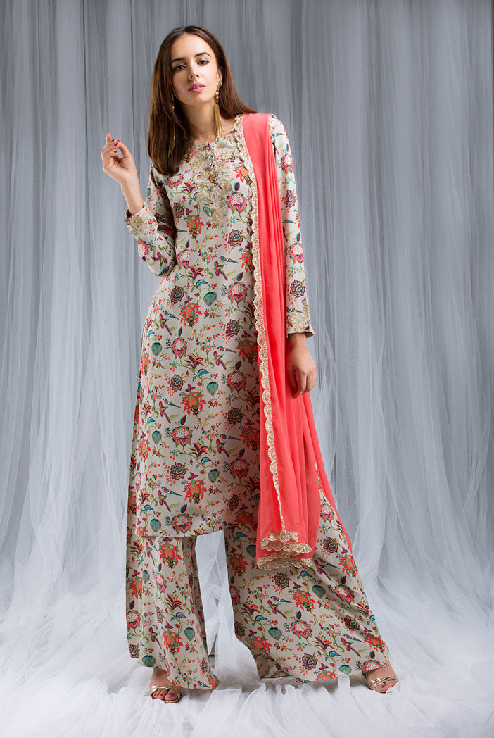 Khaki Chidiya Print Kurta and Pallazo Set