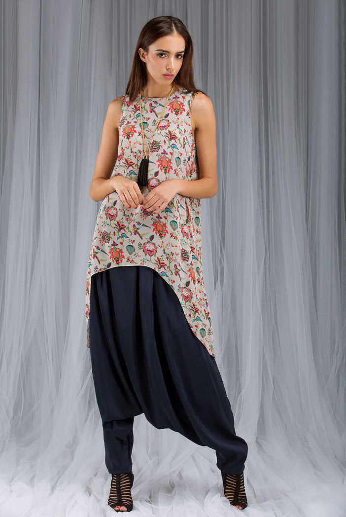 Khaki Anaar aur Mor Print Tunic and Low Crotch Pant Set